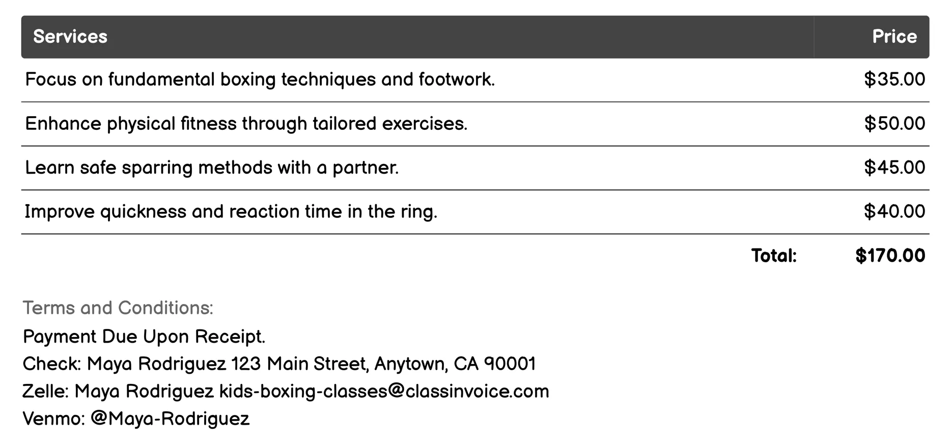 Private Lessons Invoice Example