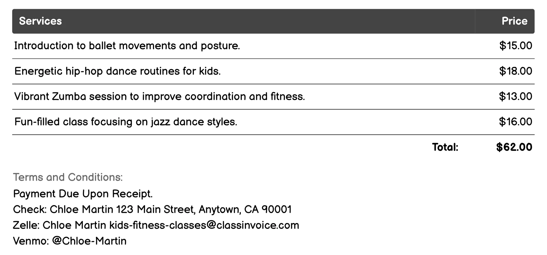 Dance Fitness Classes Invoice Example