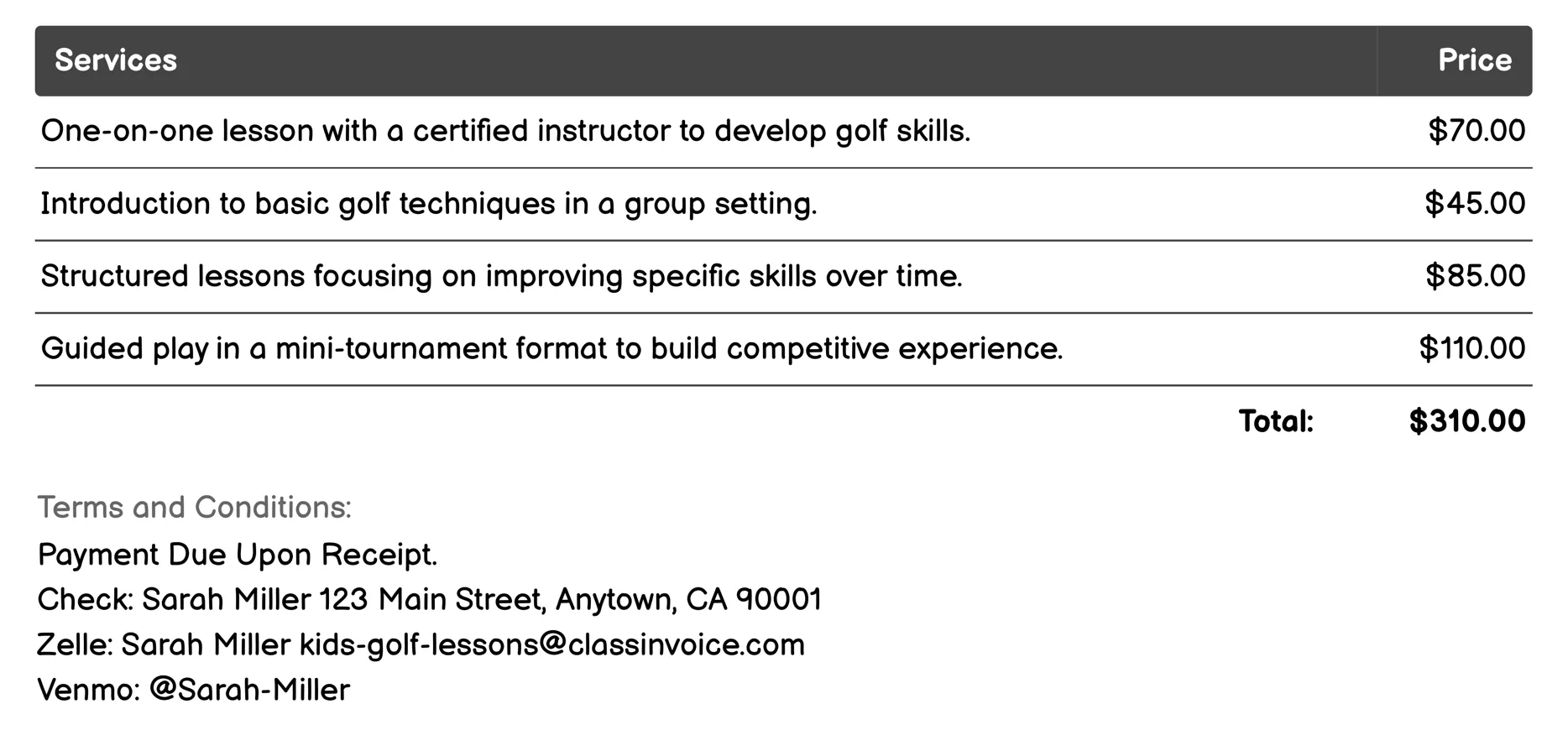 Parent-Child Lessons Invoice Example