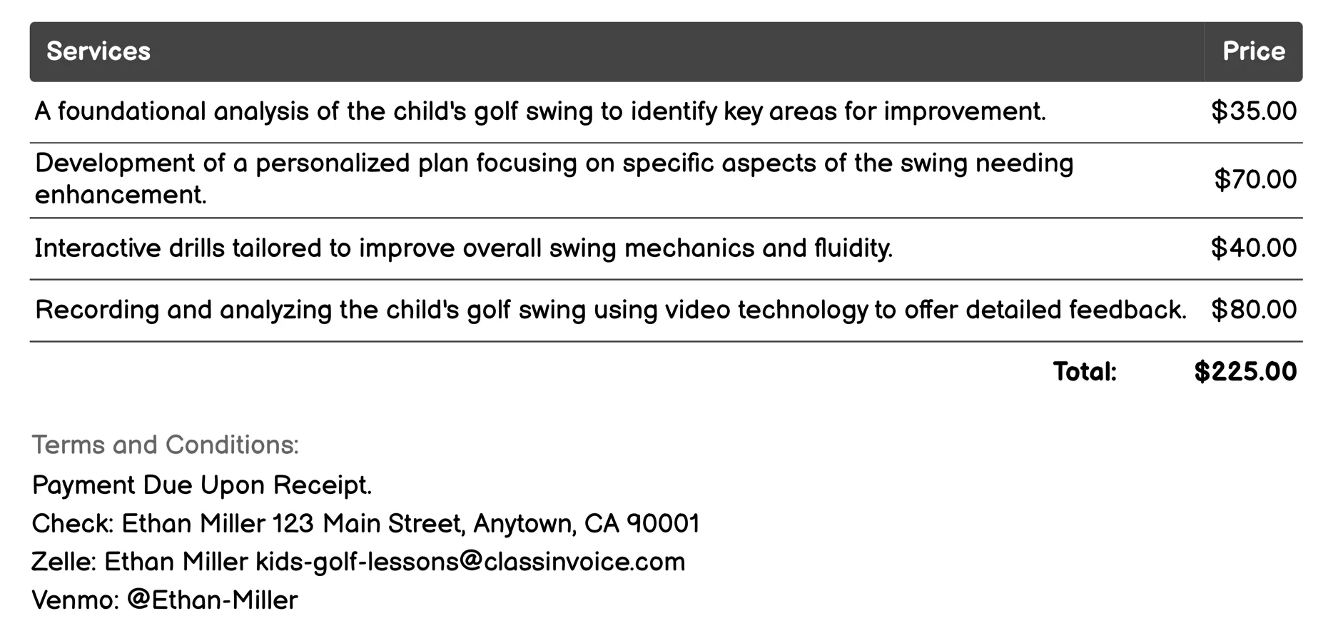 Swing Analysis & Improvement Invoice Example