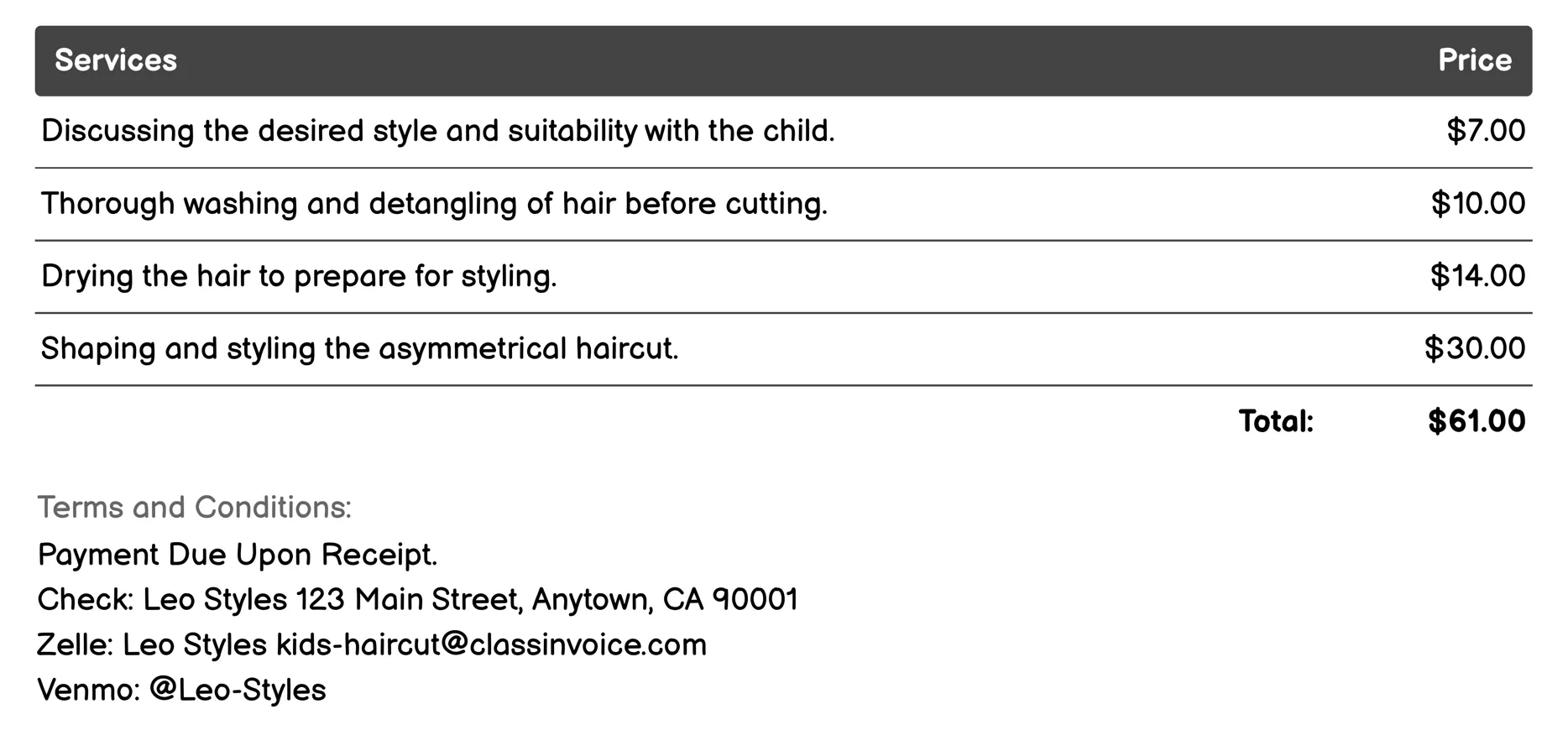 Asymmetrical Kid's Haircut Invoice Example