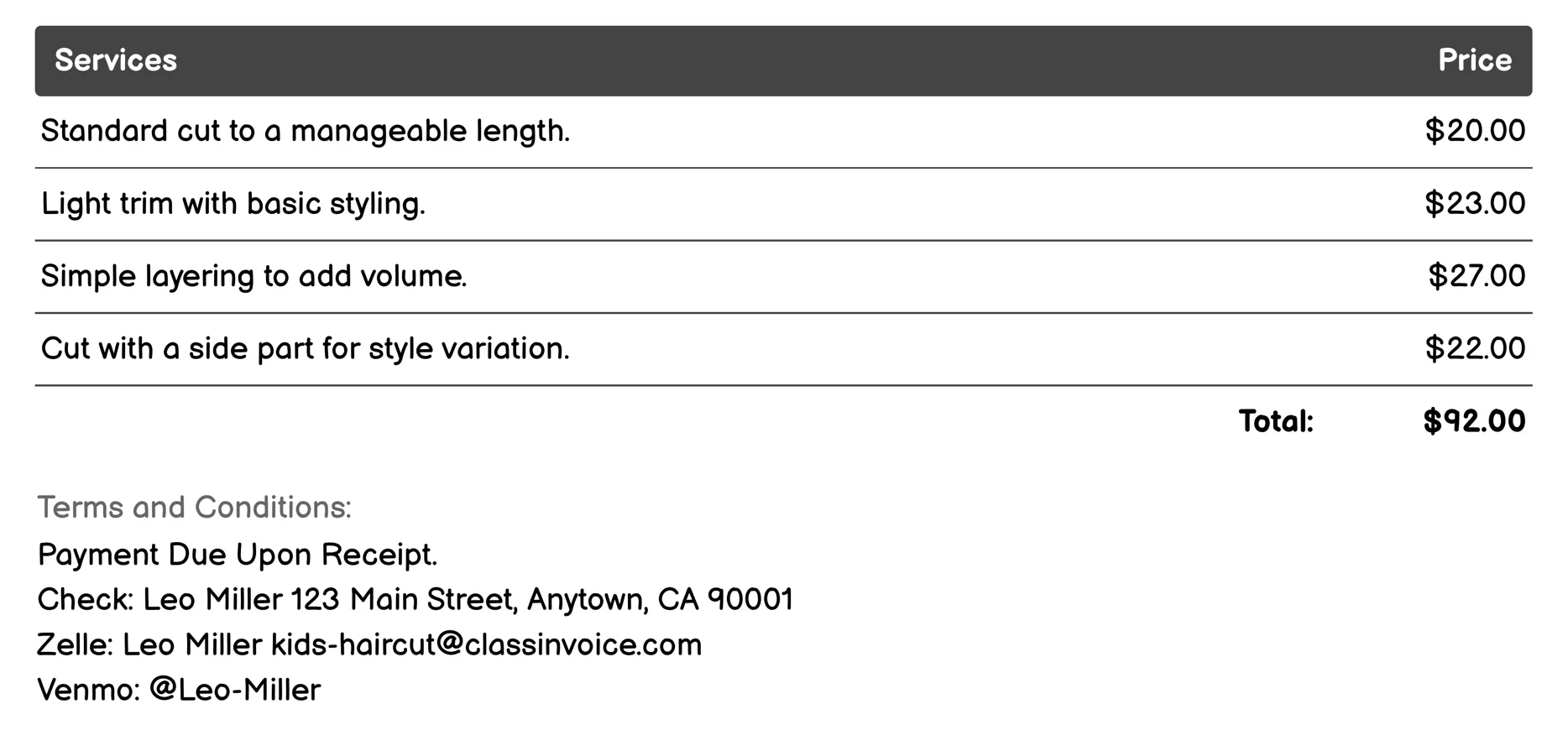 Basic Kid's Haircut Invoice Example