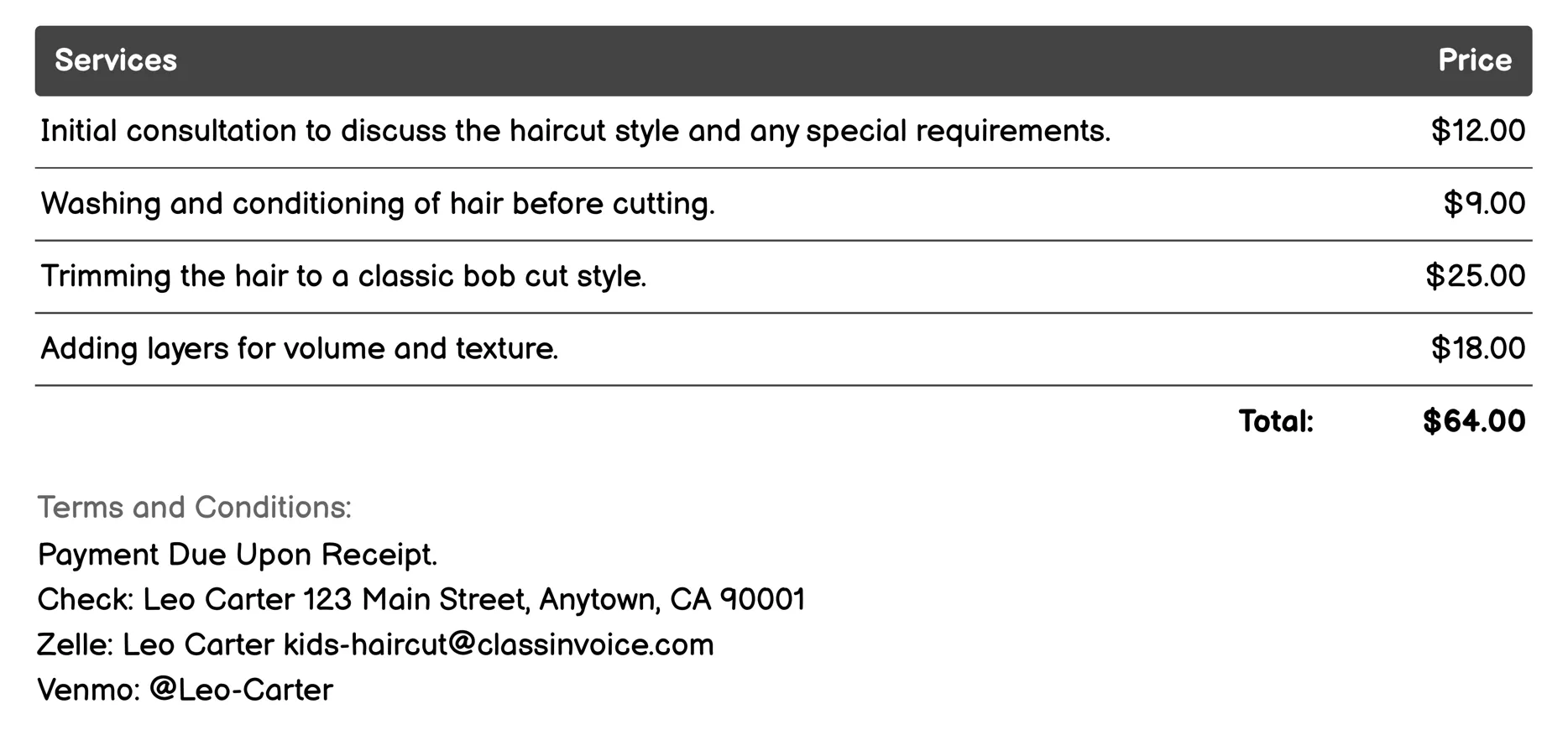 Boy's Classic Bob Cut Invoice Example
