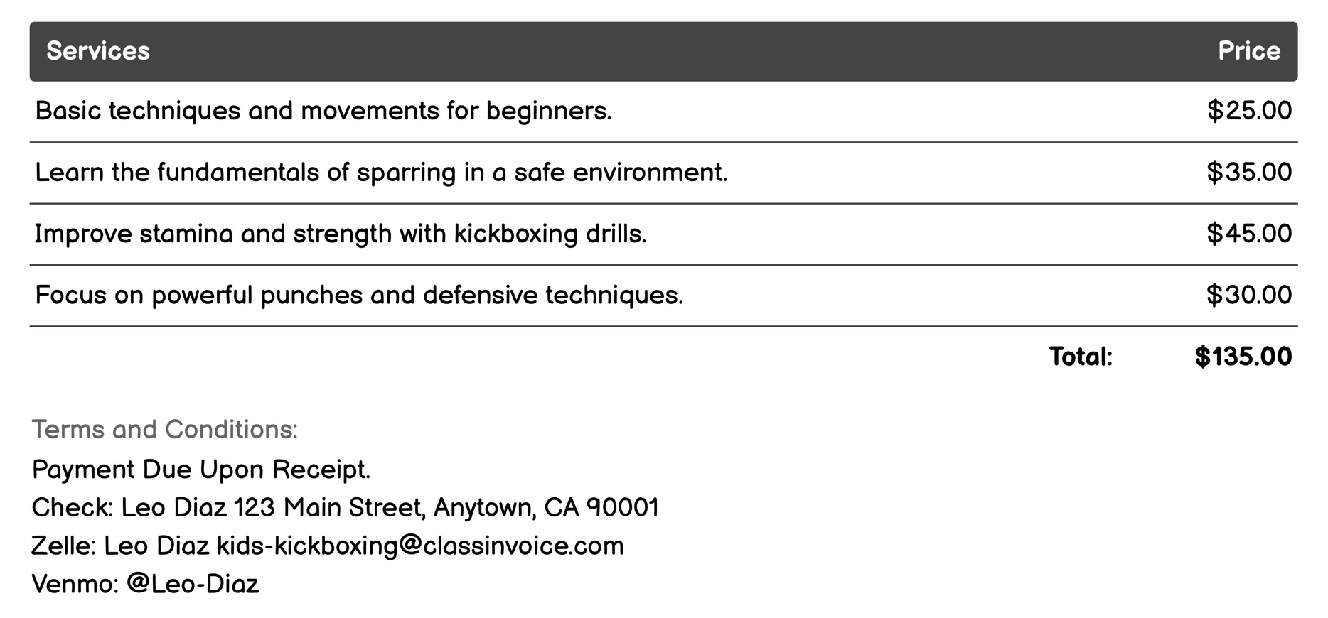 Fun Sparring Sessions Invoice Example