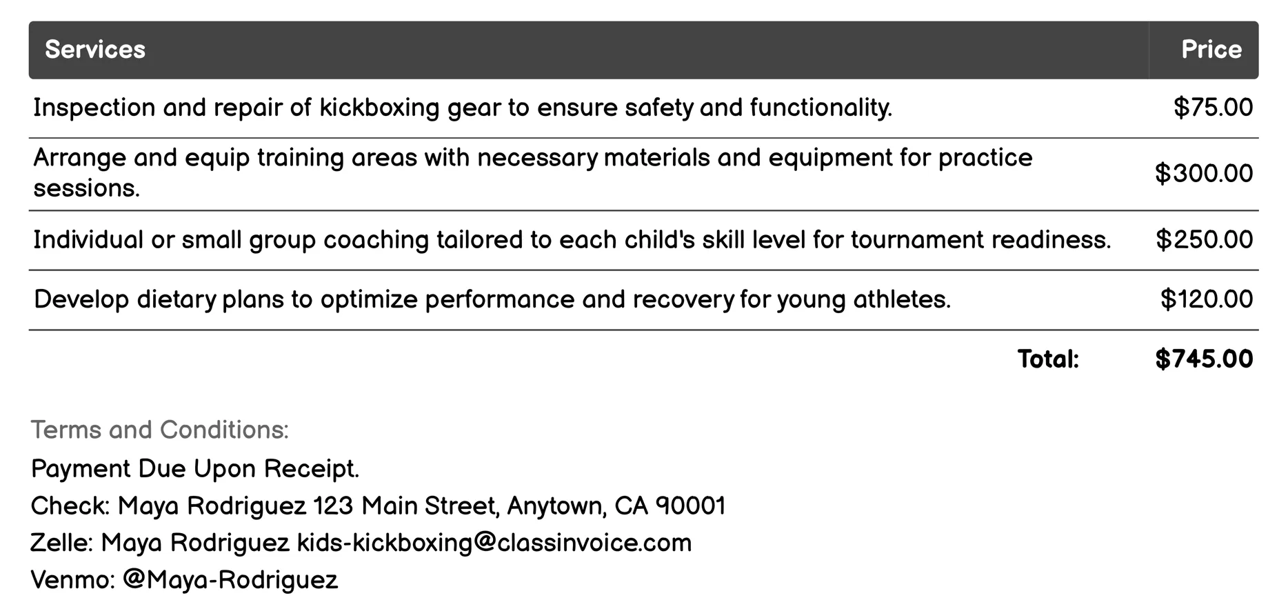 Tournament Preparation Invoice Example