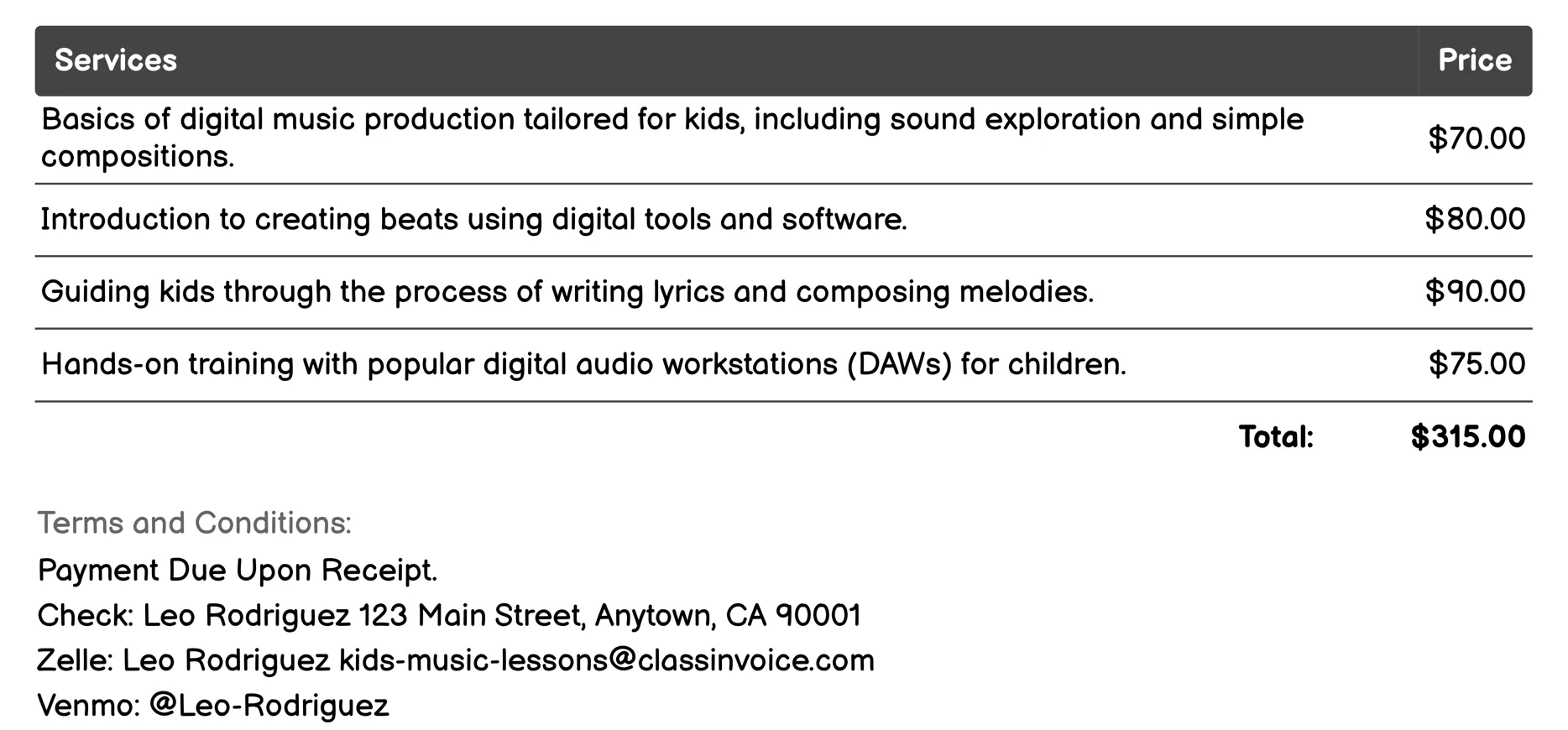 Digital Music Production Invoice Example