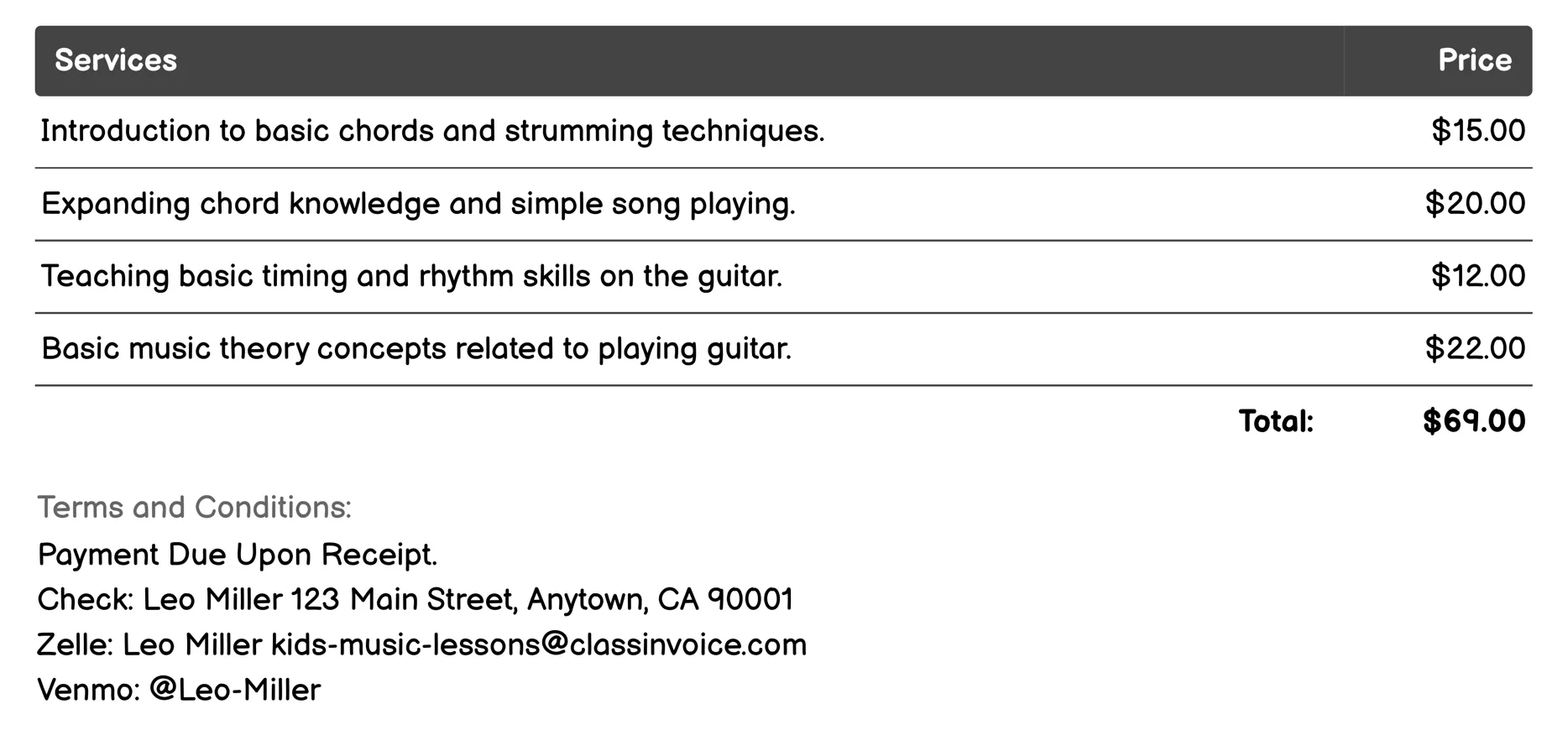 Guitar Lessons Invoice Example