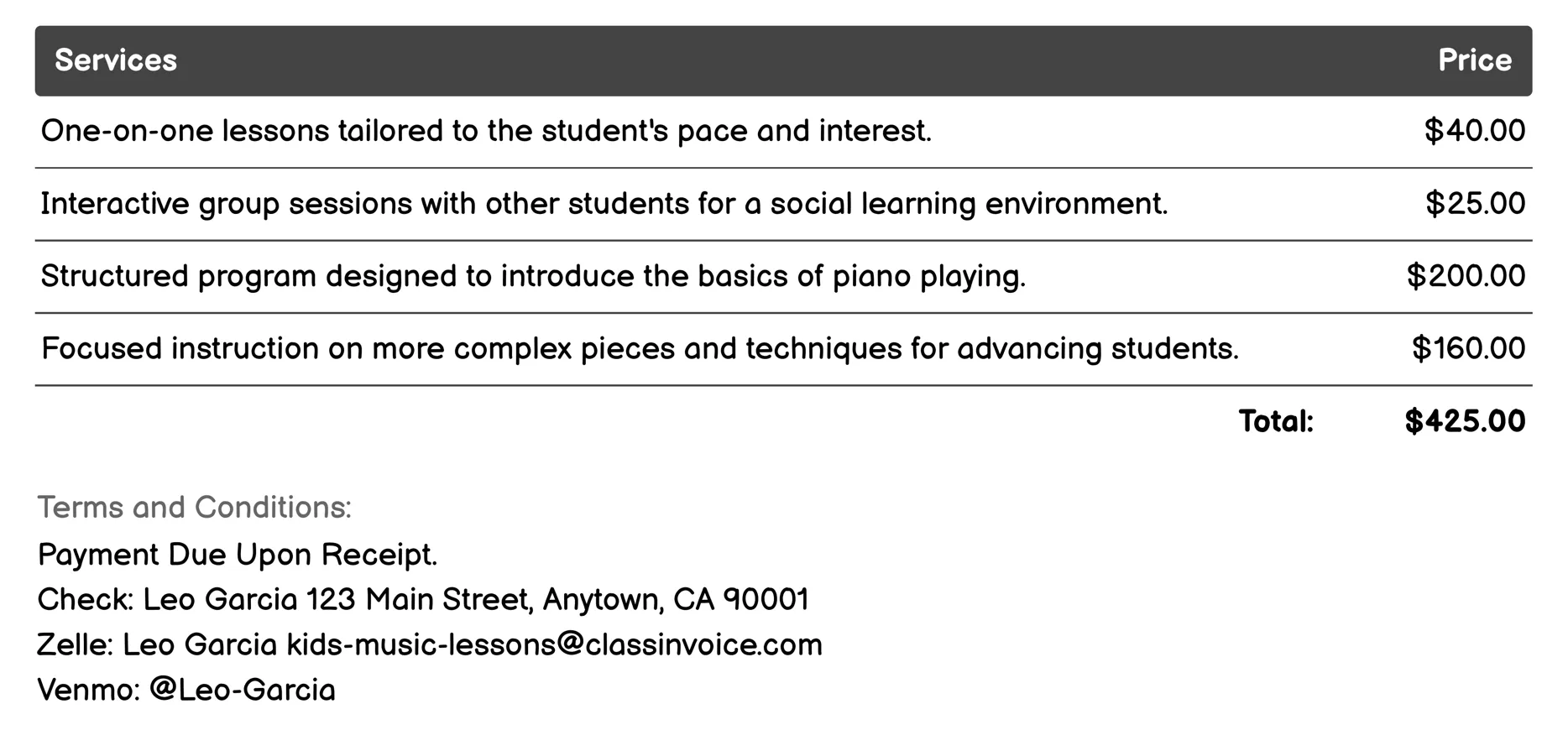 Piano Lessons Invoice Example