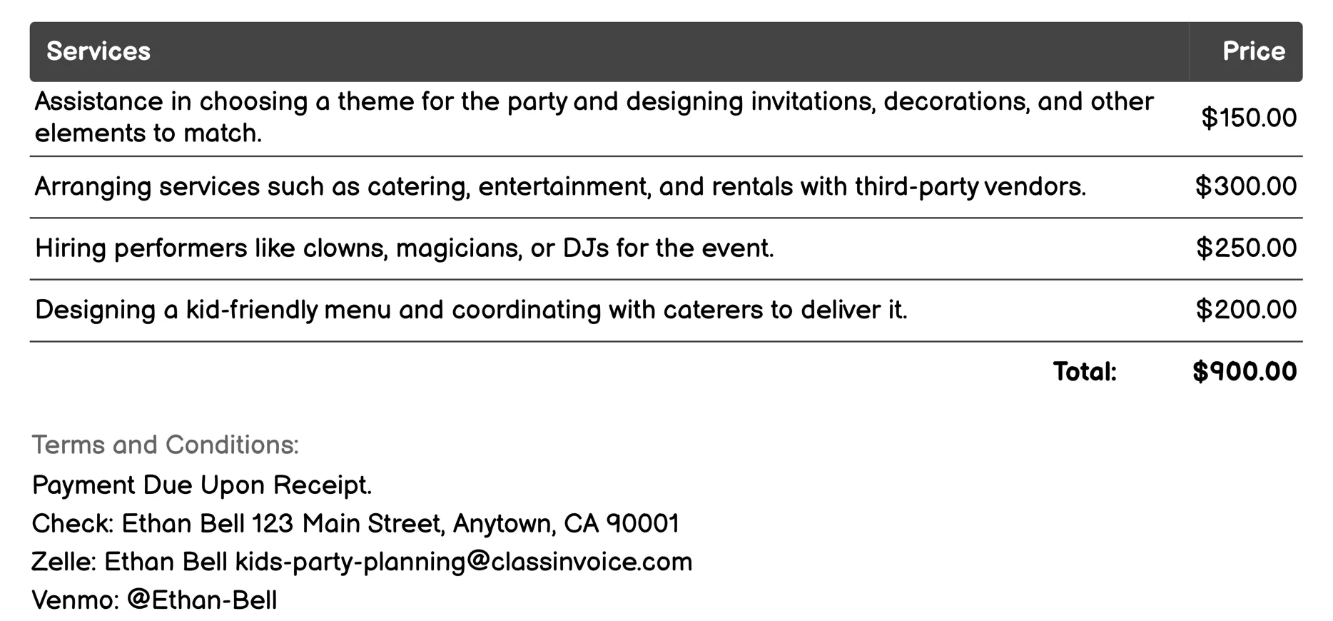 Event Coordination Invoice Example