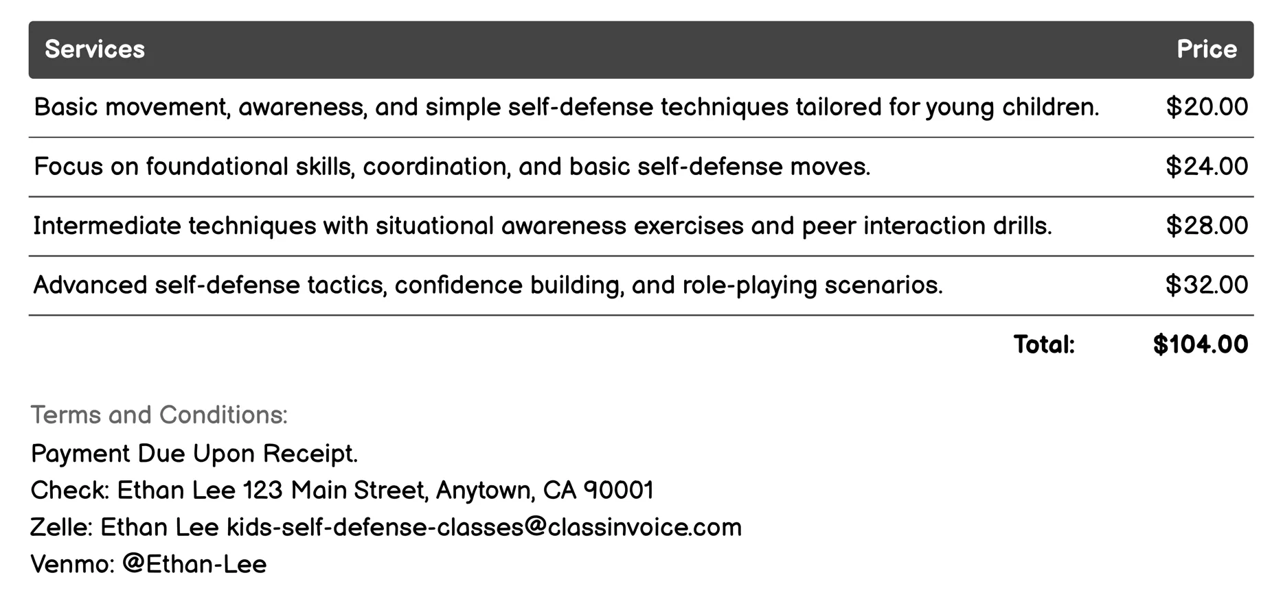 Age-Specific Curriculum Invoice Example