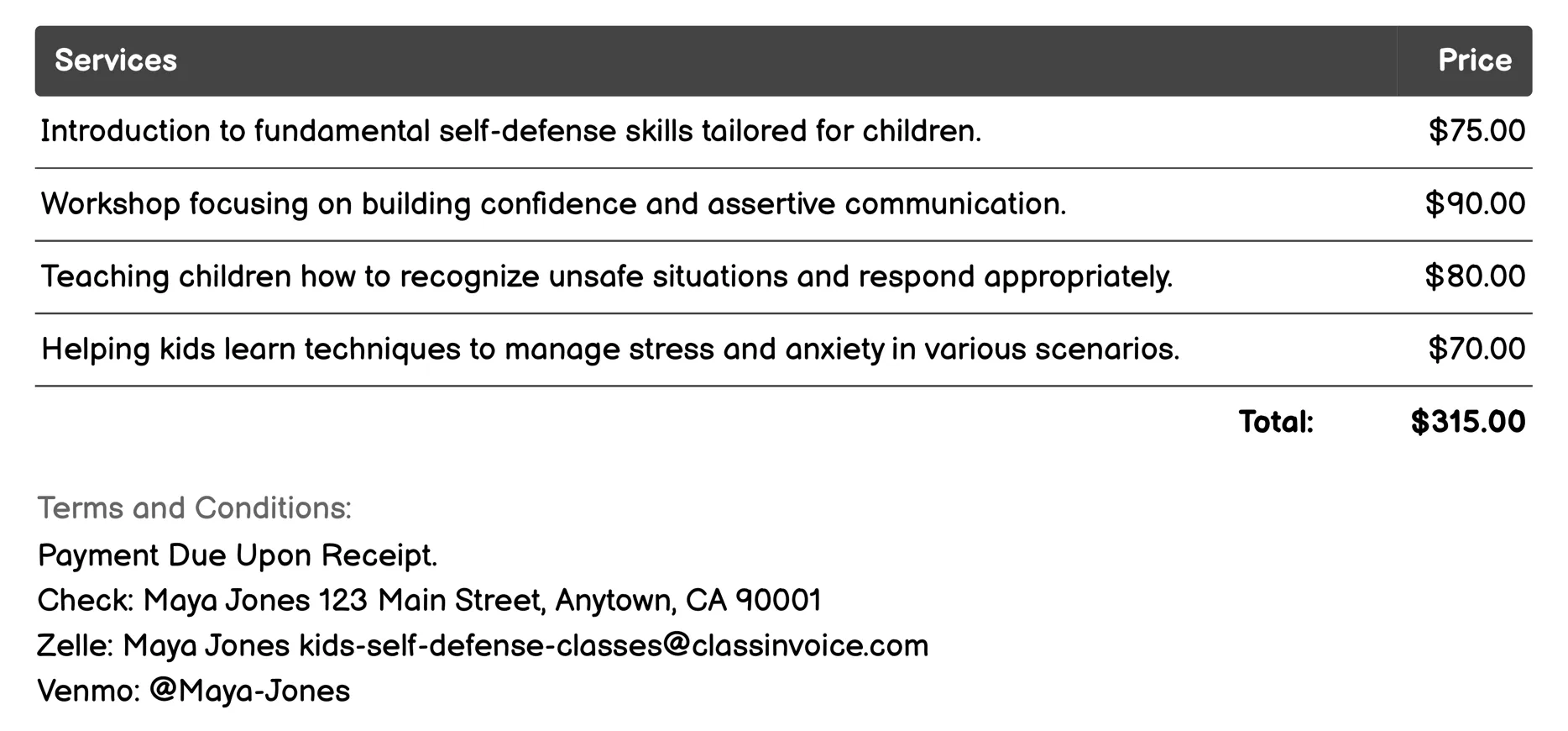 Empowerment Workshops Invoice Example