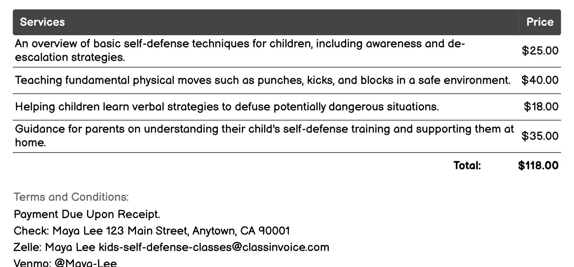 Parental Involvement Classes Invoice Example