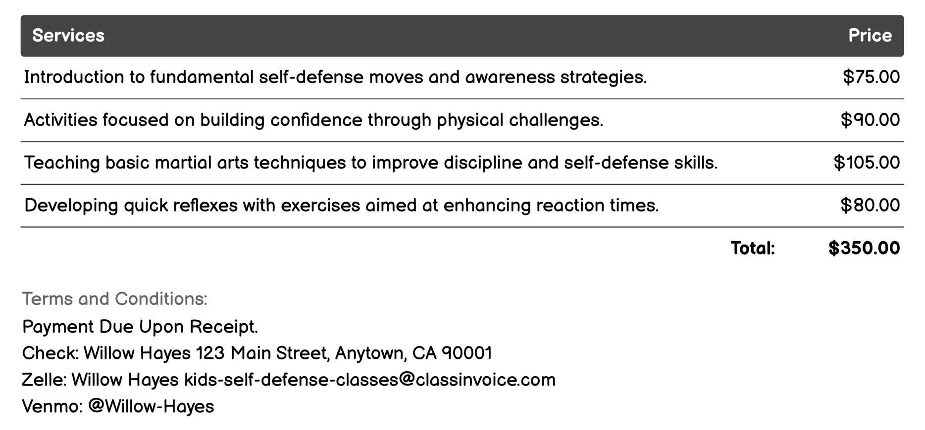 Physical Fitness Invoice Example