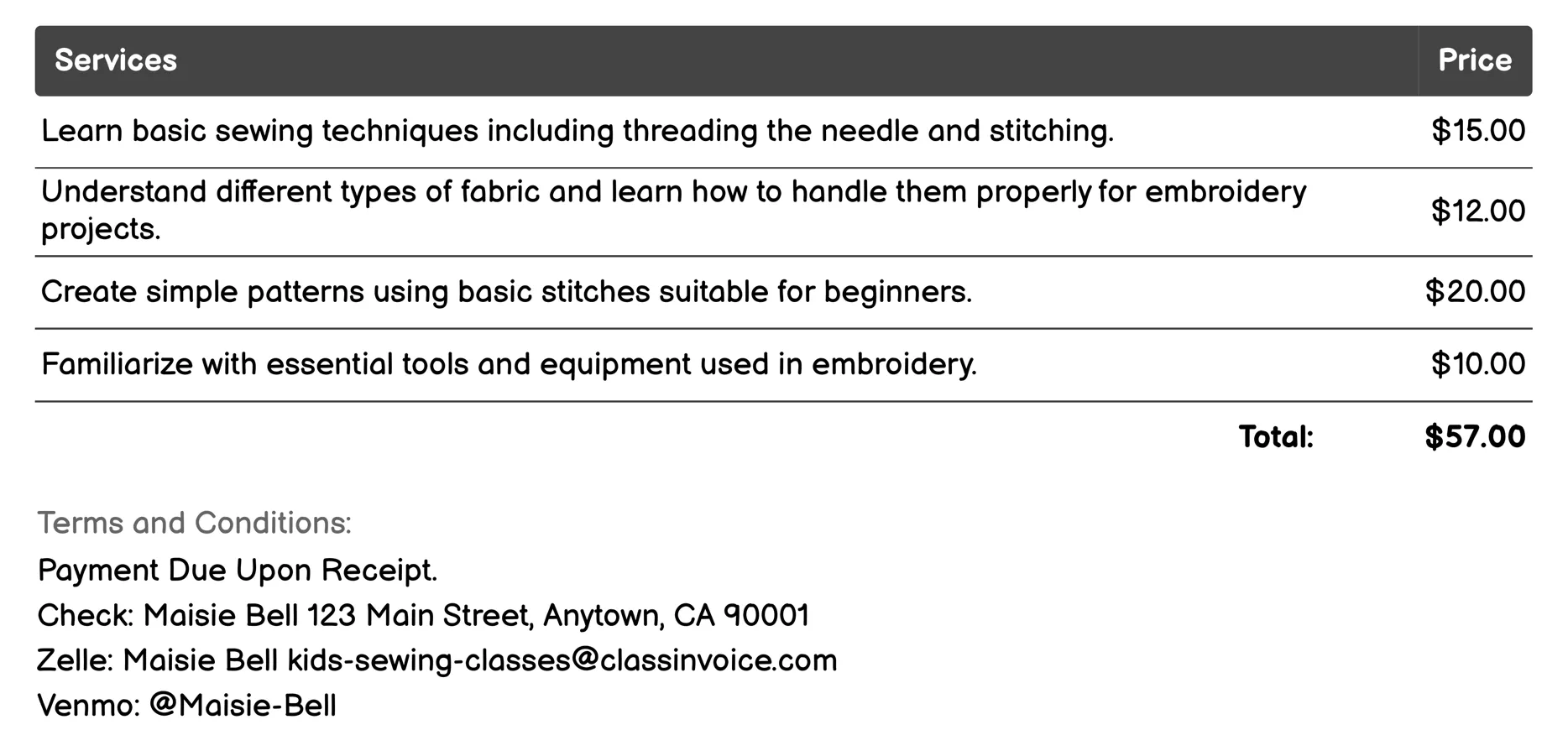 Embroidery Basics Invoice Example