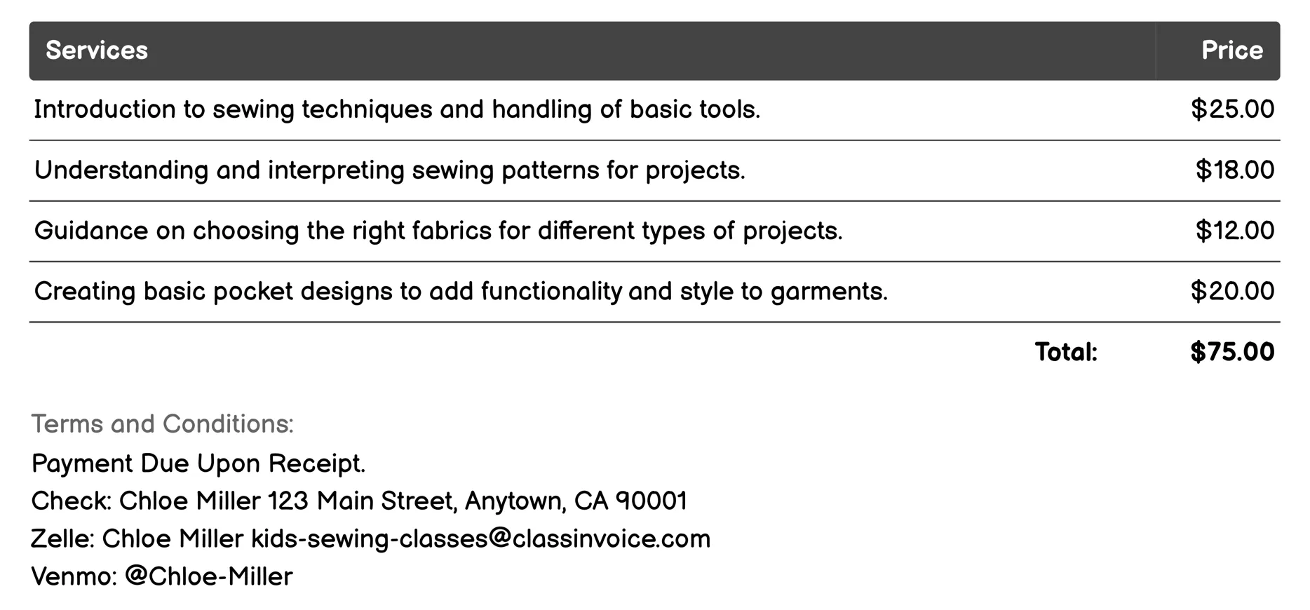 Sewing Projects Invoice Example