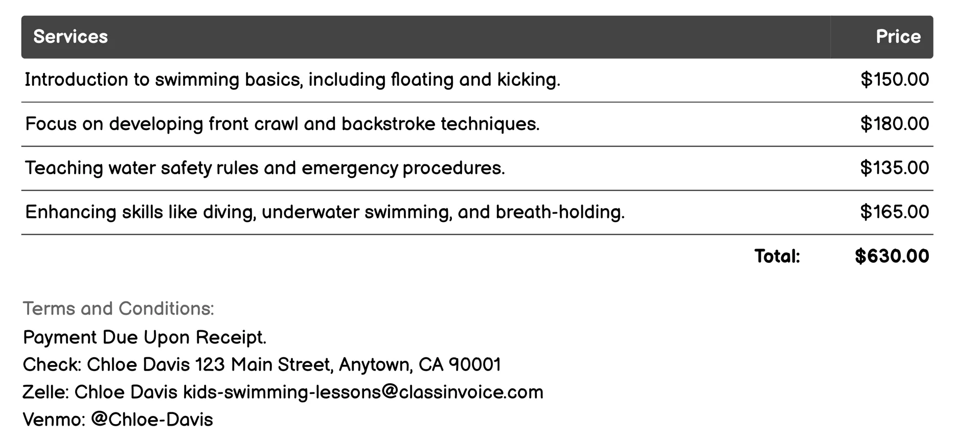 Group Swim Lessons Invoice Example