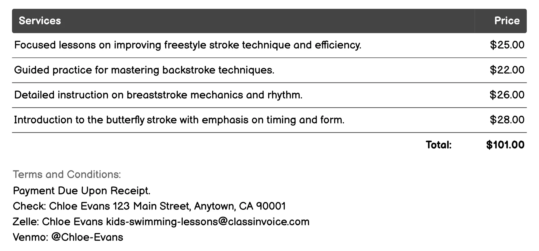 Stroke-Specific Lessons Invoice Example