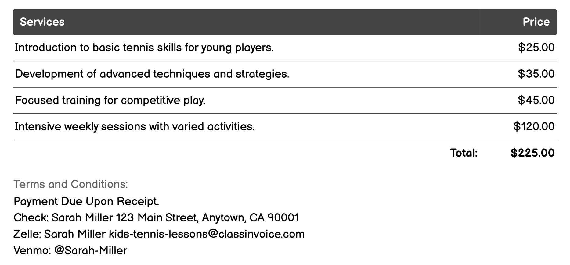 Group Lessons Invoice Example