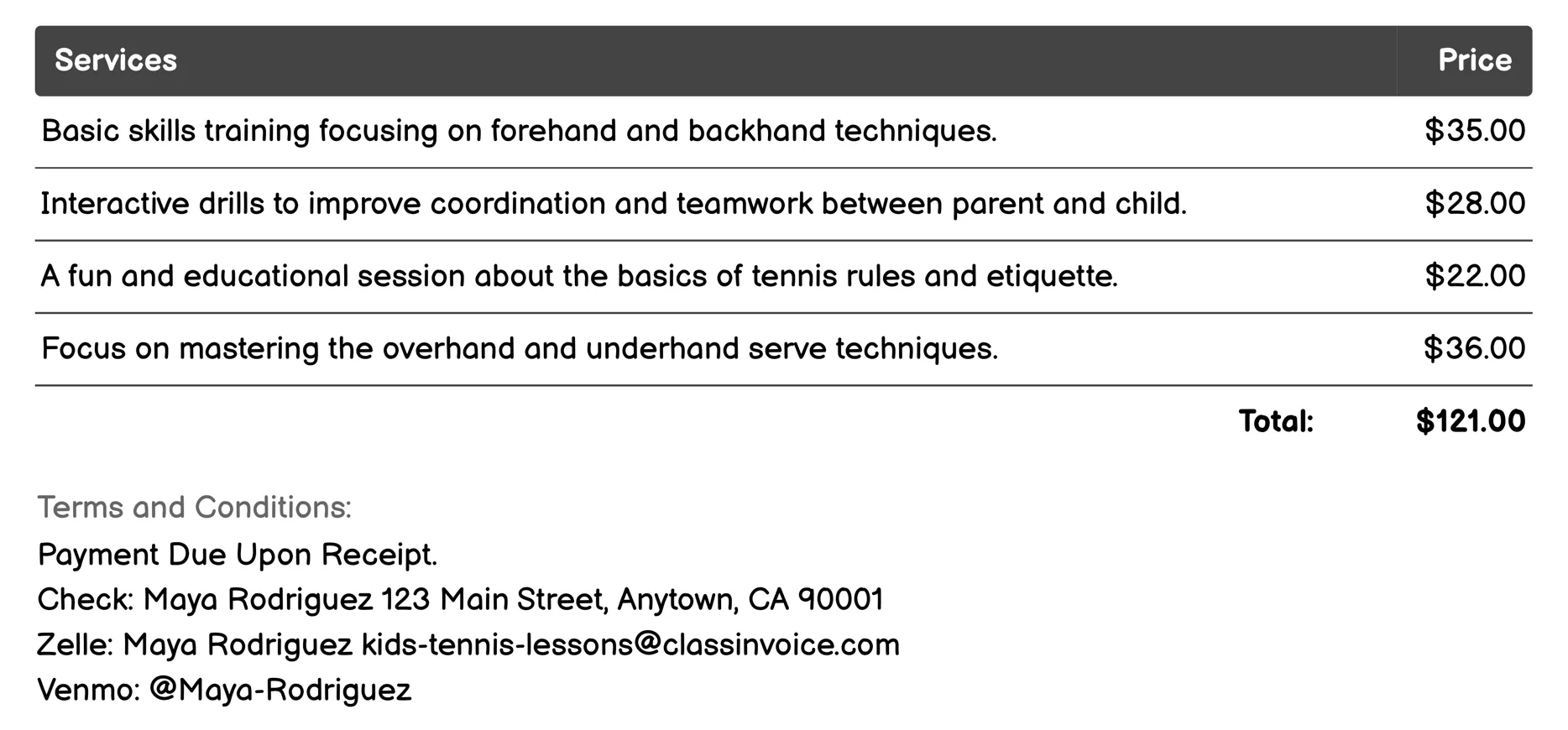 Parent-Child Tennis Classes Invoice Example