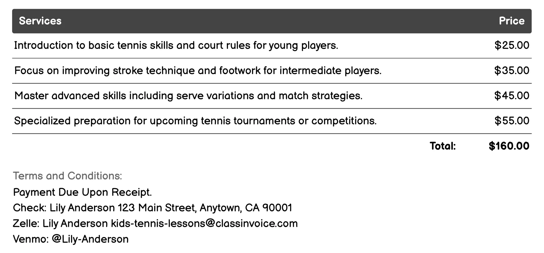 Private Lessons Invoice Example