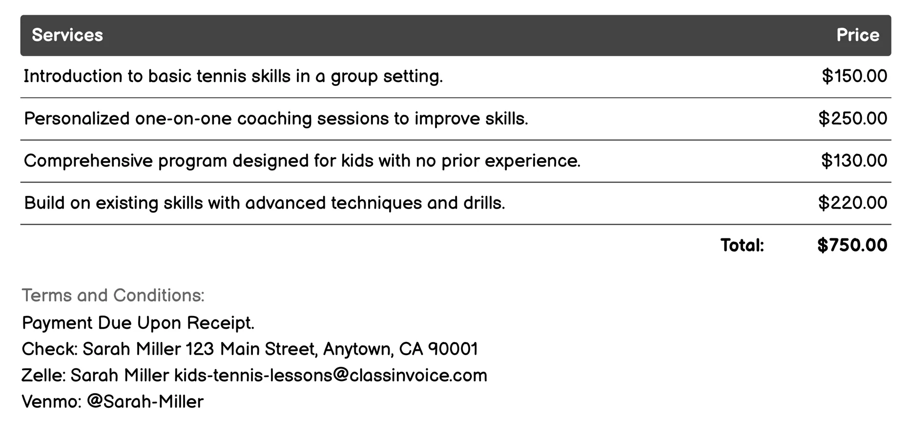 Tennis and Fitness Programs Invoice Example