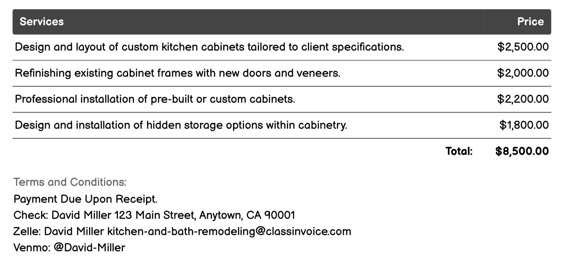Cabinetry Invoice Example