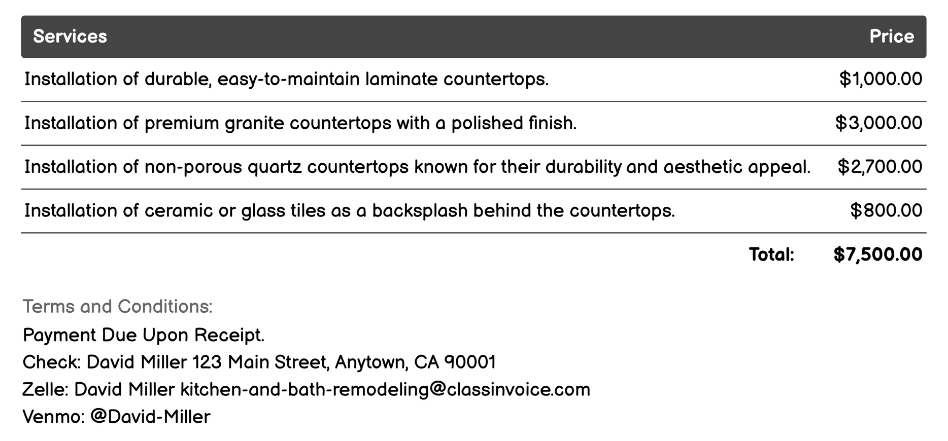 Countertops Invoice Example