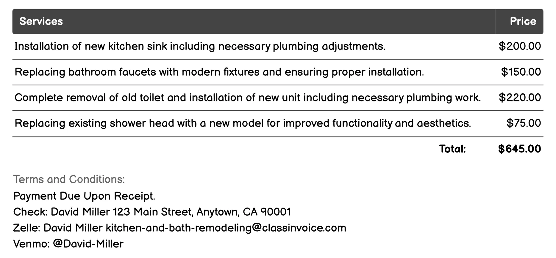 Plumbing Fixtures Invoice Example