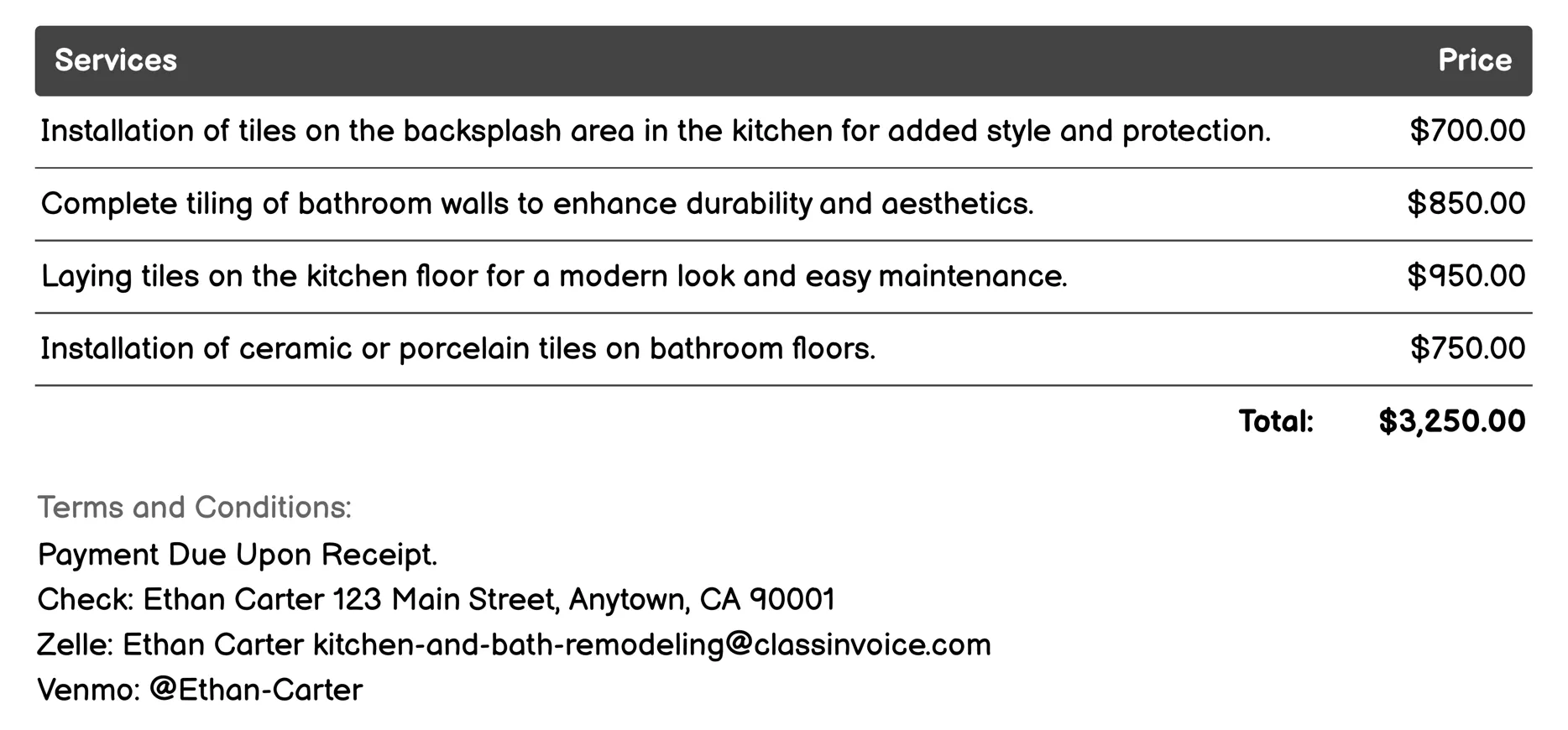 Tiling Invoice Example
