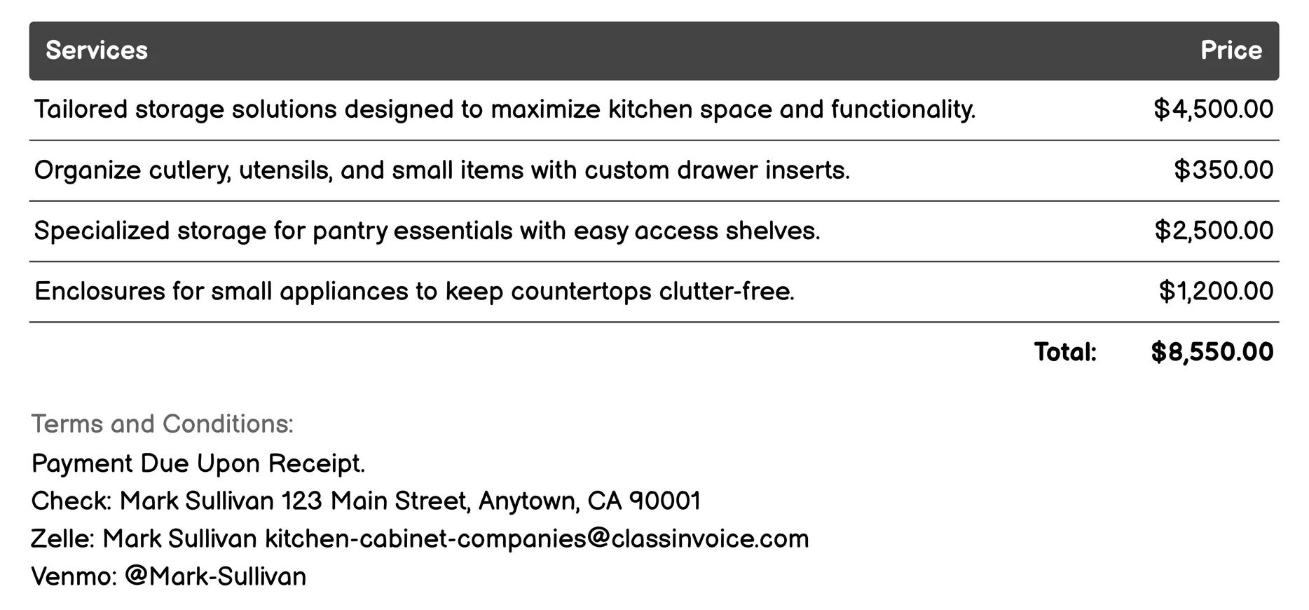 Storage Solutions Invoice Example