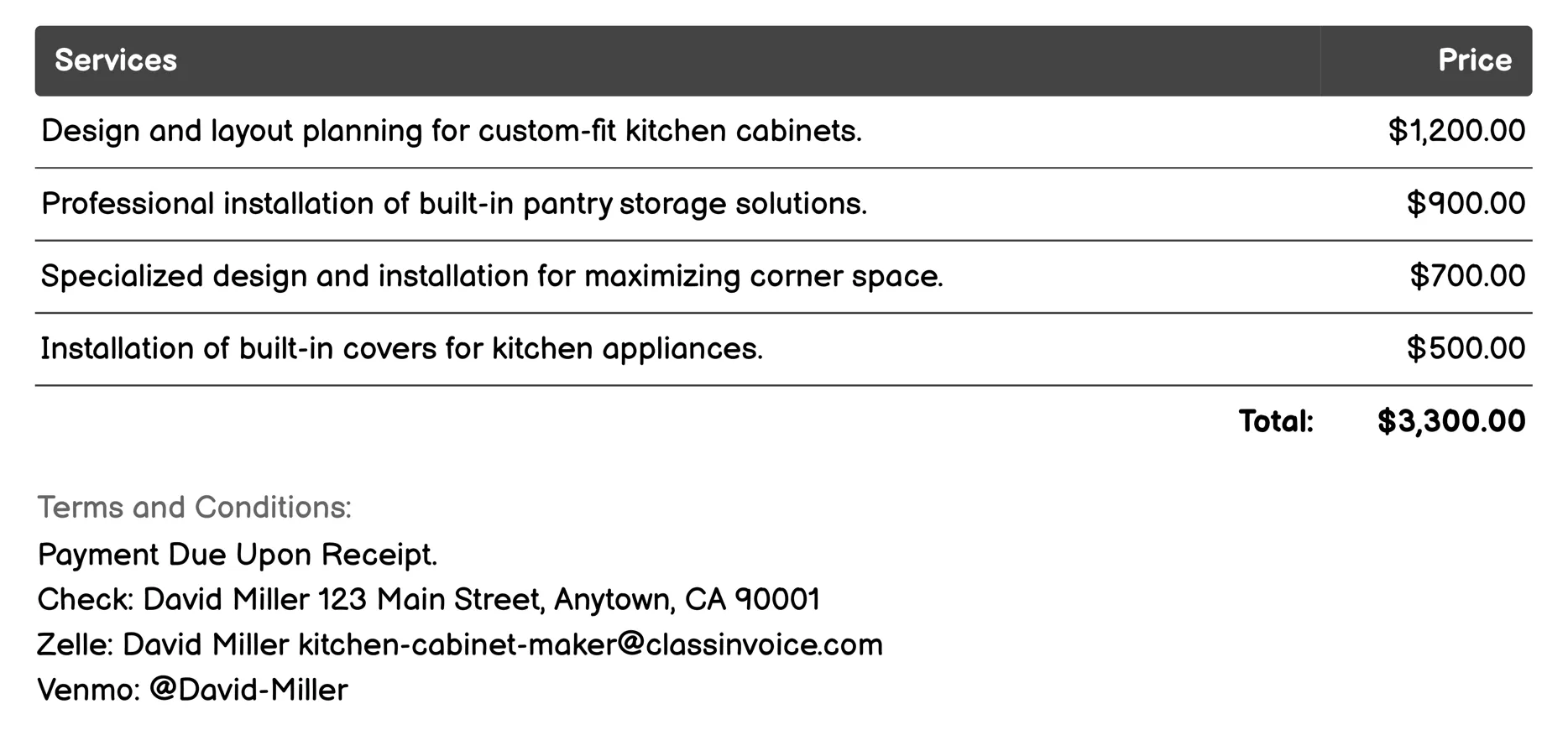 Built-in Storage Solutions Invoice Example