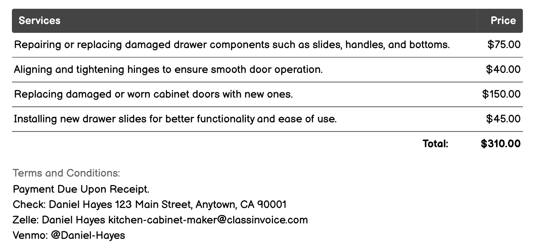 Maintenance and Repair Services Invoice Example