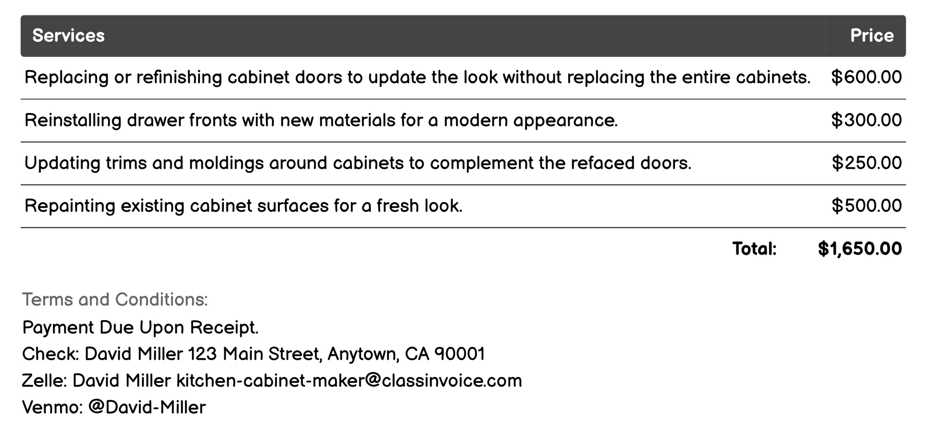 Refacing Services Invoice Example