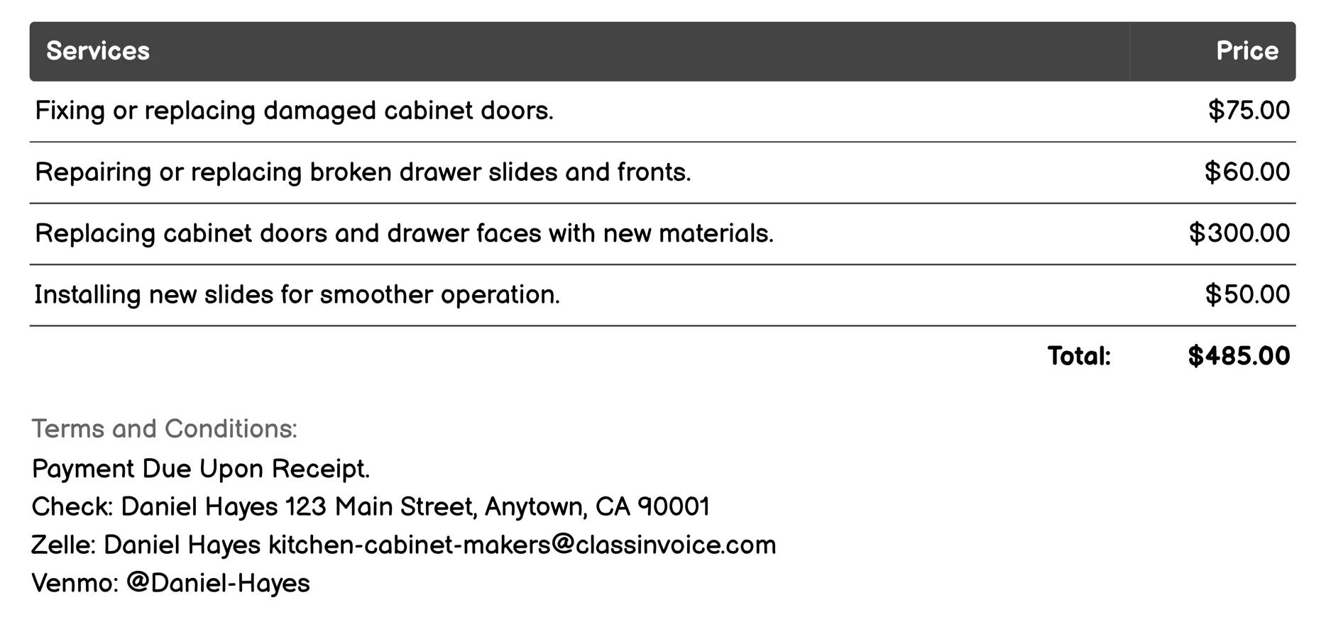 Cabinet Repair Services Invoice Example