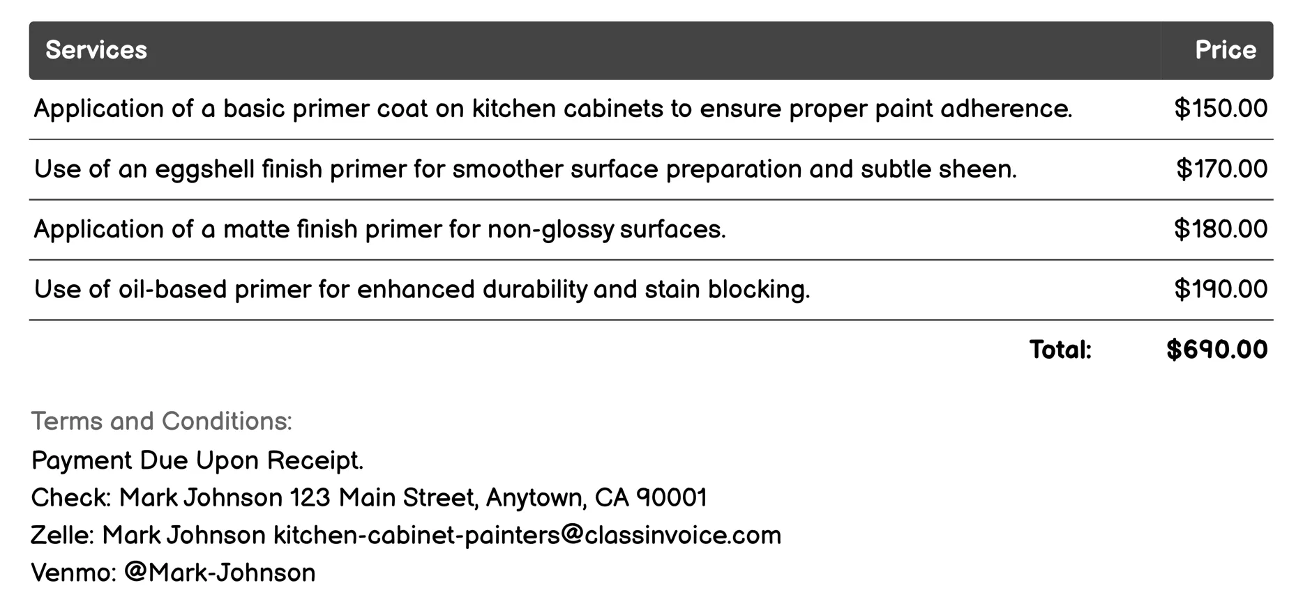 Primer Application Invoice Example