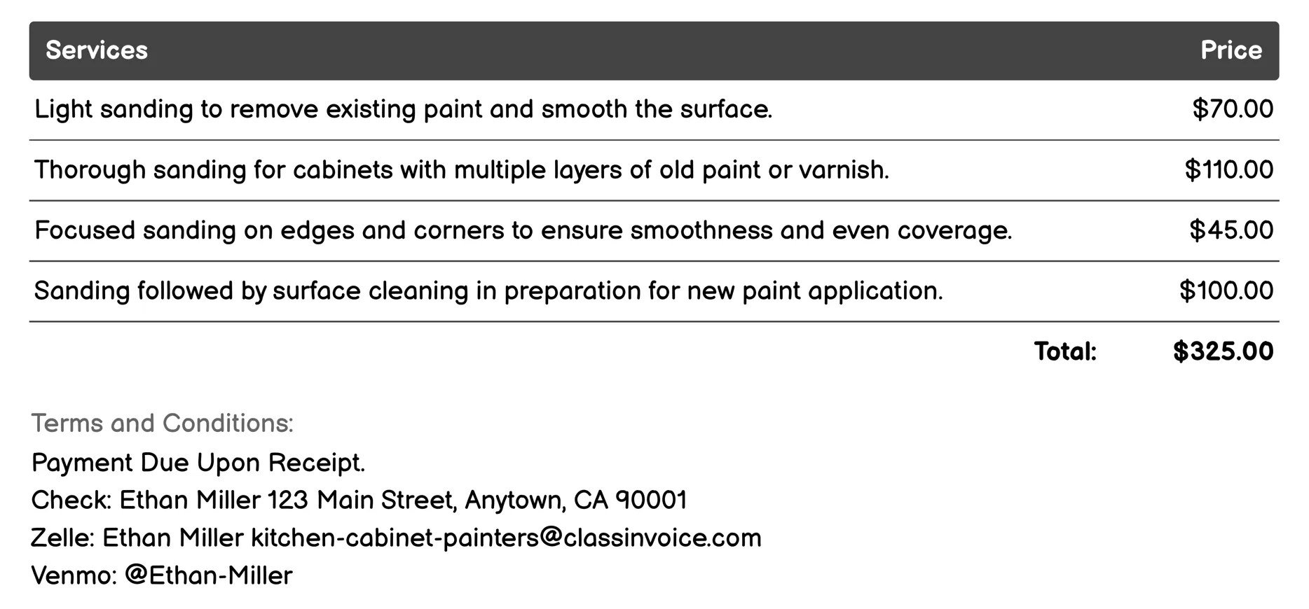 Surface Sanding Invoice Example