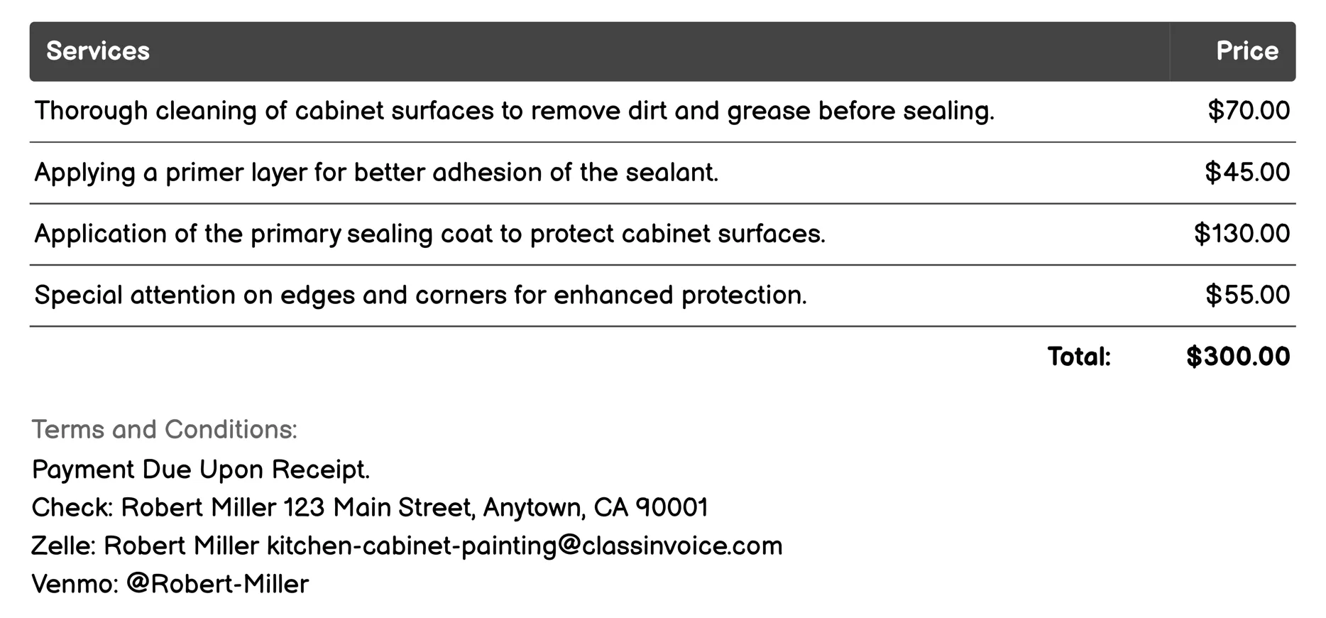 Sealing and Protection Invoice Example