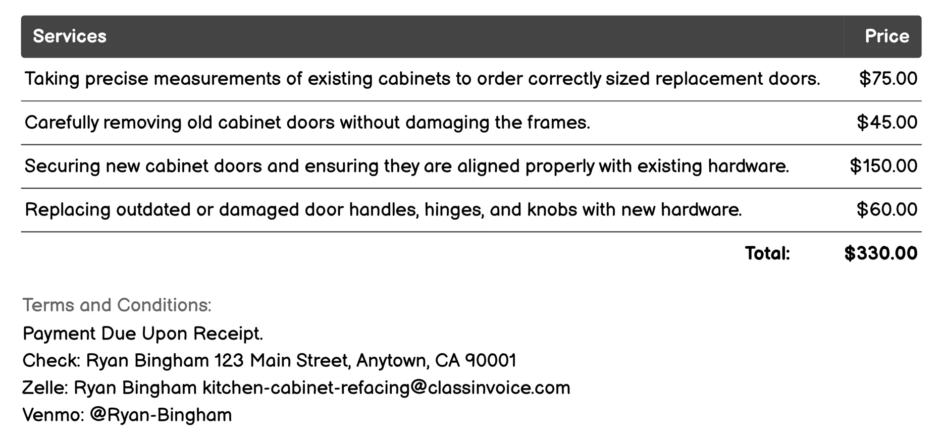 Door Replacement Invoice Example