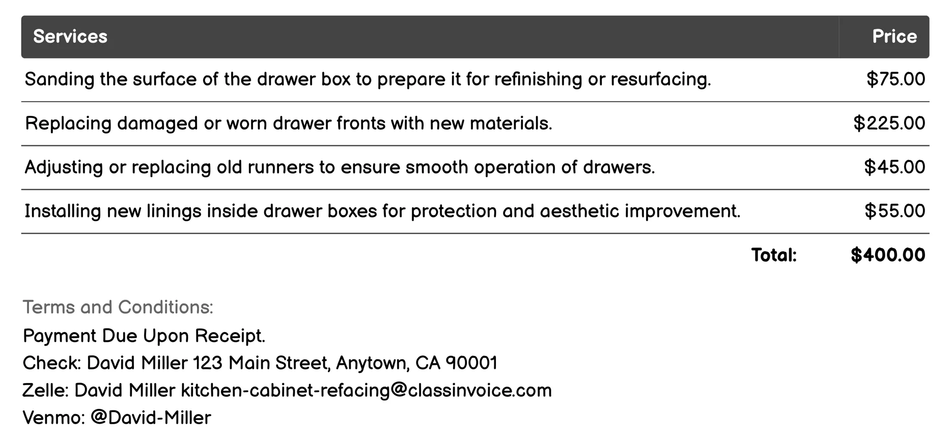 Drawer Box Repair Invoice Example