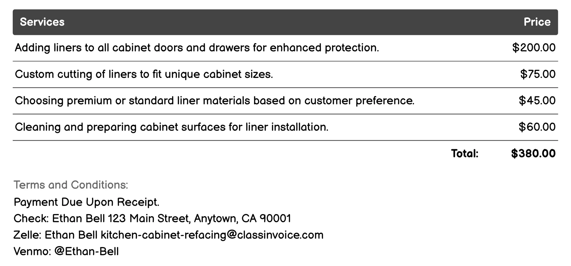 Liner Addition Invoice Example