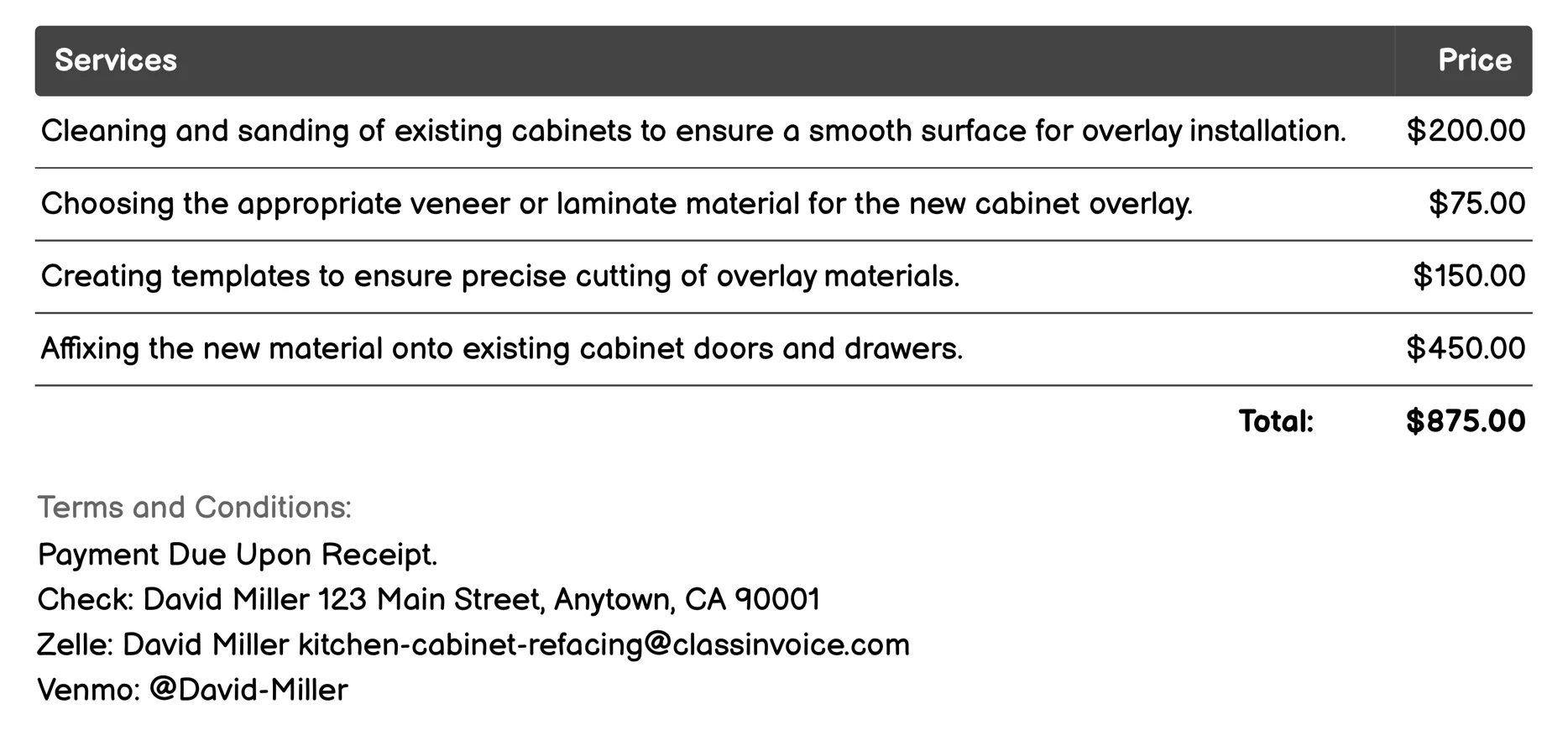 Overlay Installation Invoice Example