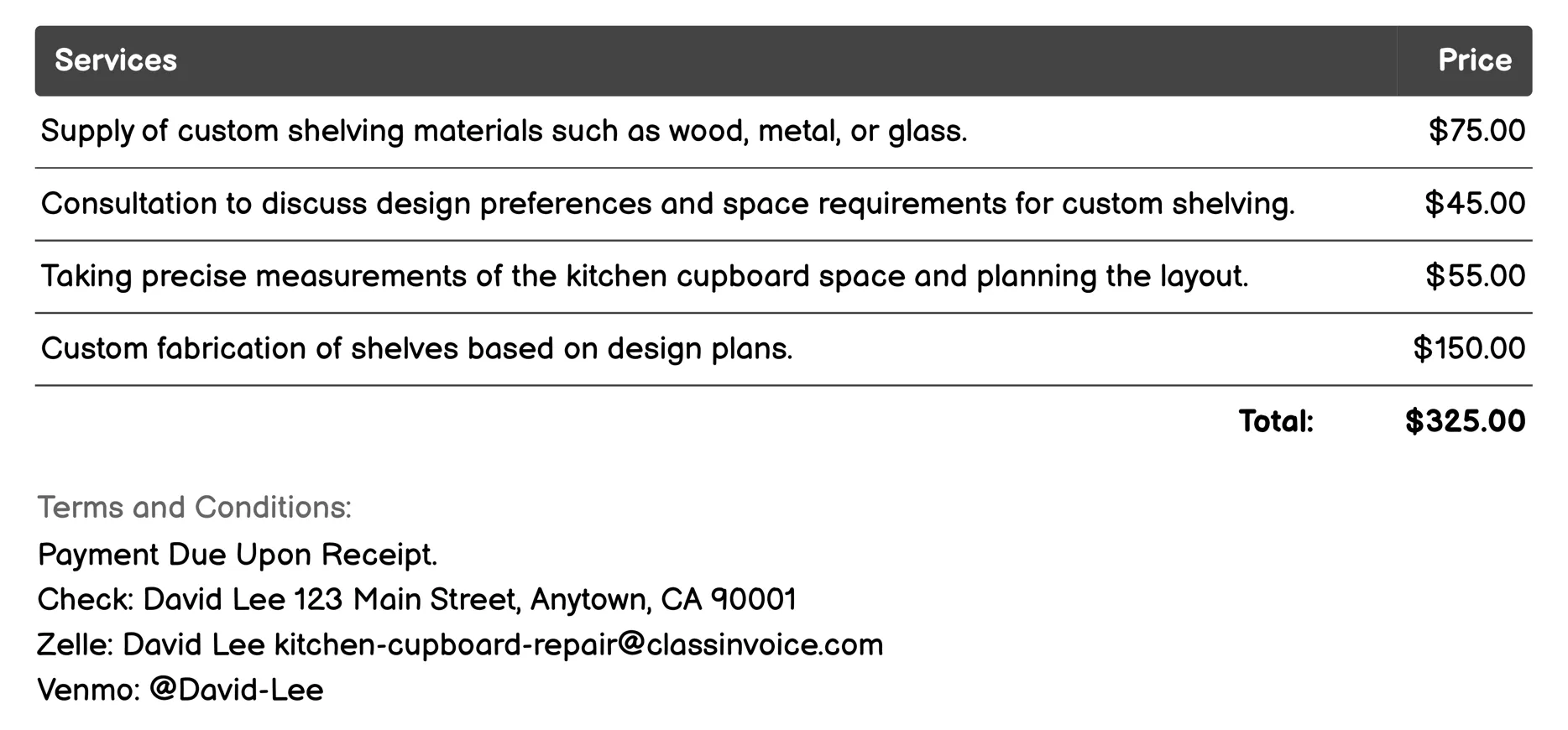 Custom Shelving Installation Invoice Example