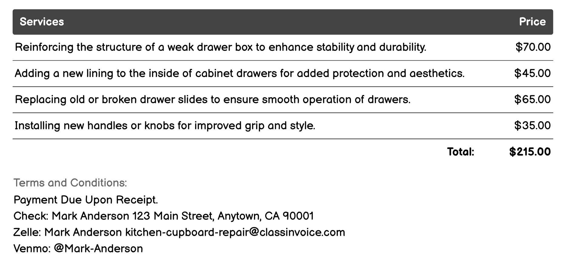 Drawer Box Reinforcement Invoice Example