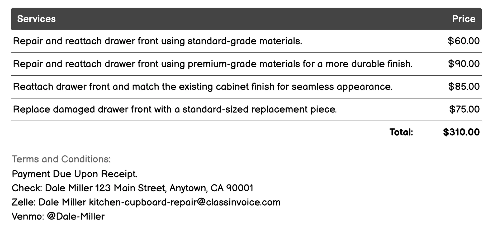 Drawer Front Reattachment Invoice Example