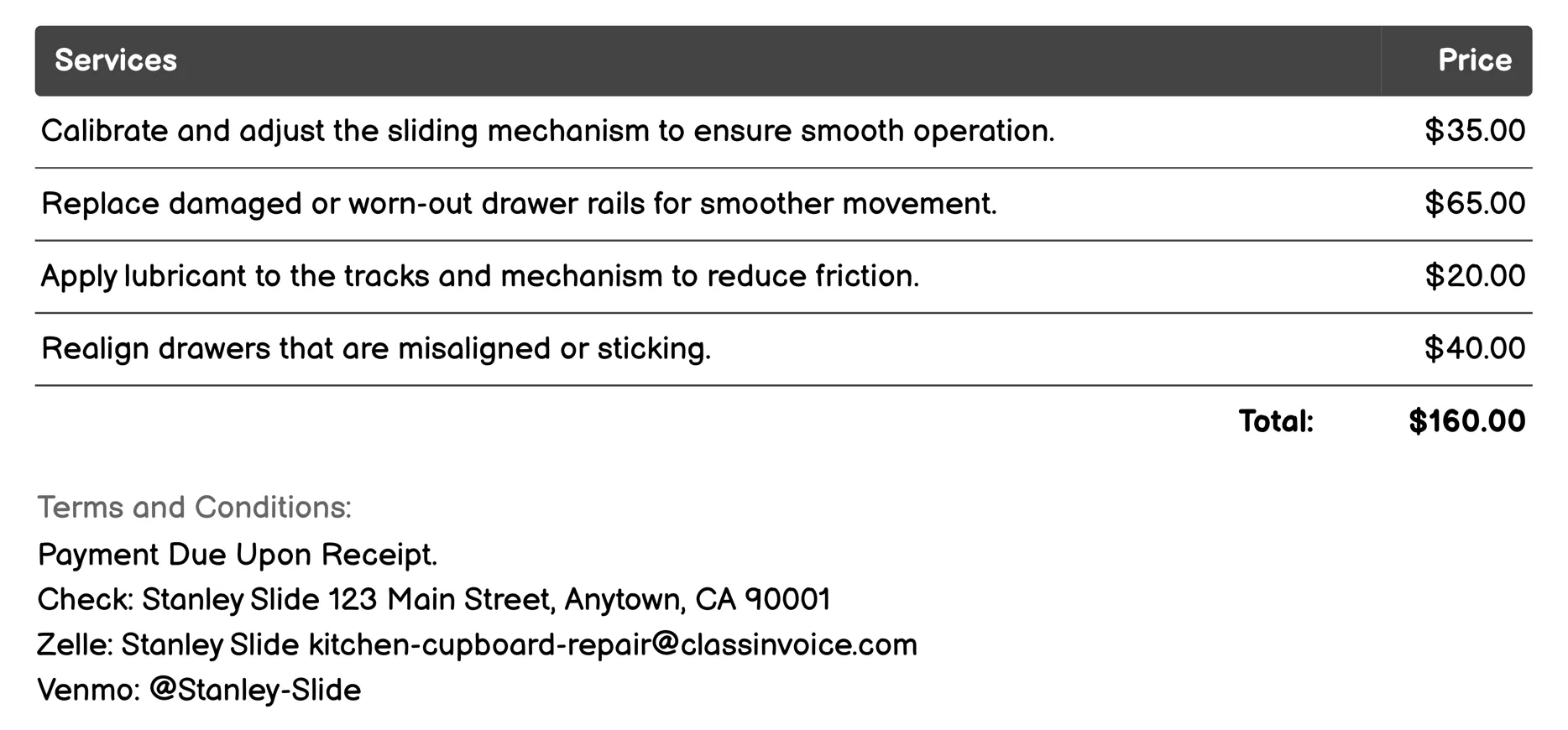 Drawer Sliding Mechanism Fix Invoice Example