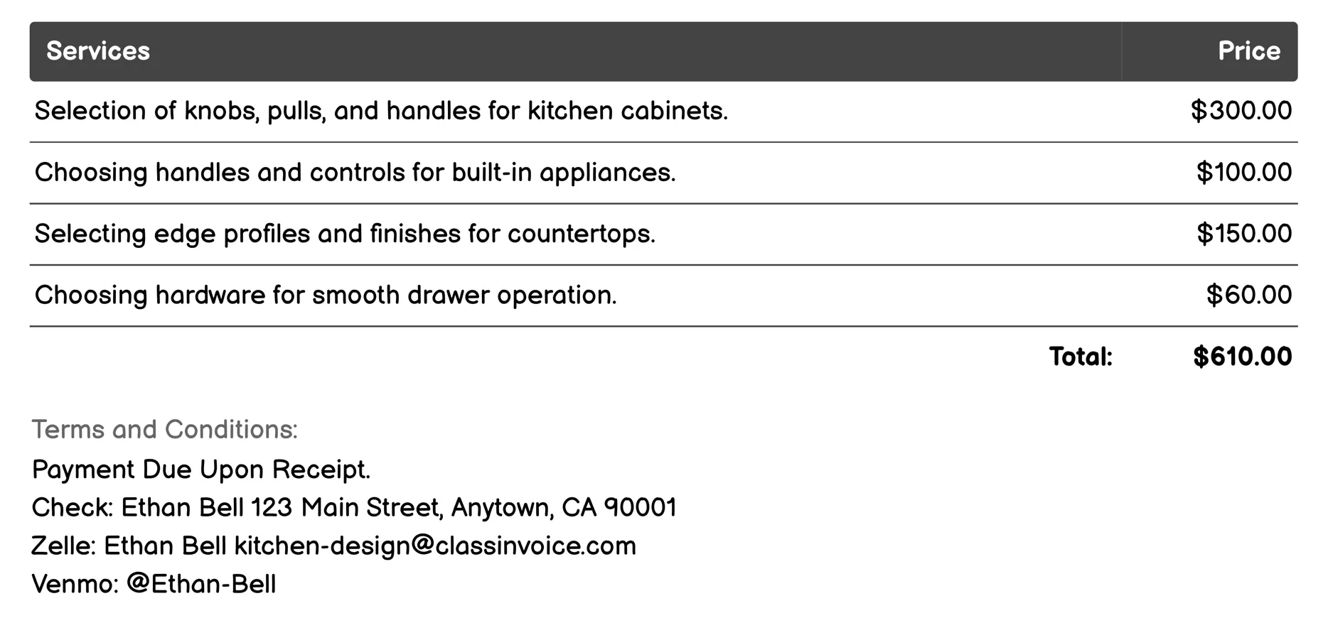 Hardware Selection Invoice Example