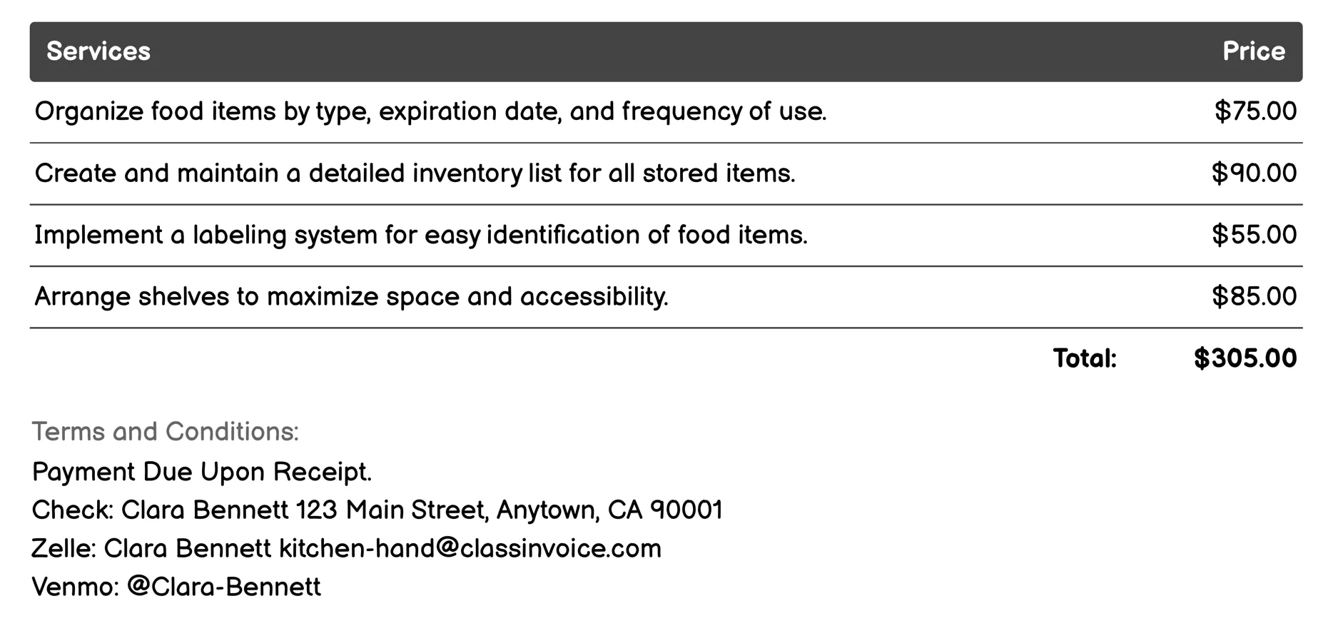 Food Storage Organization Invoice Example