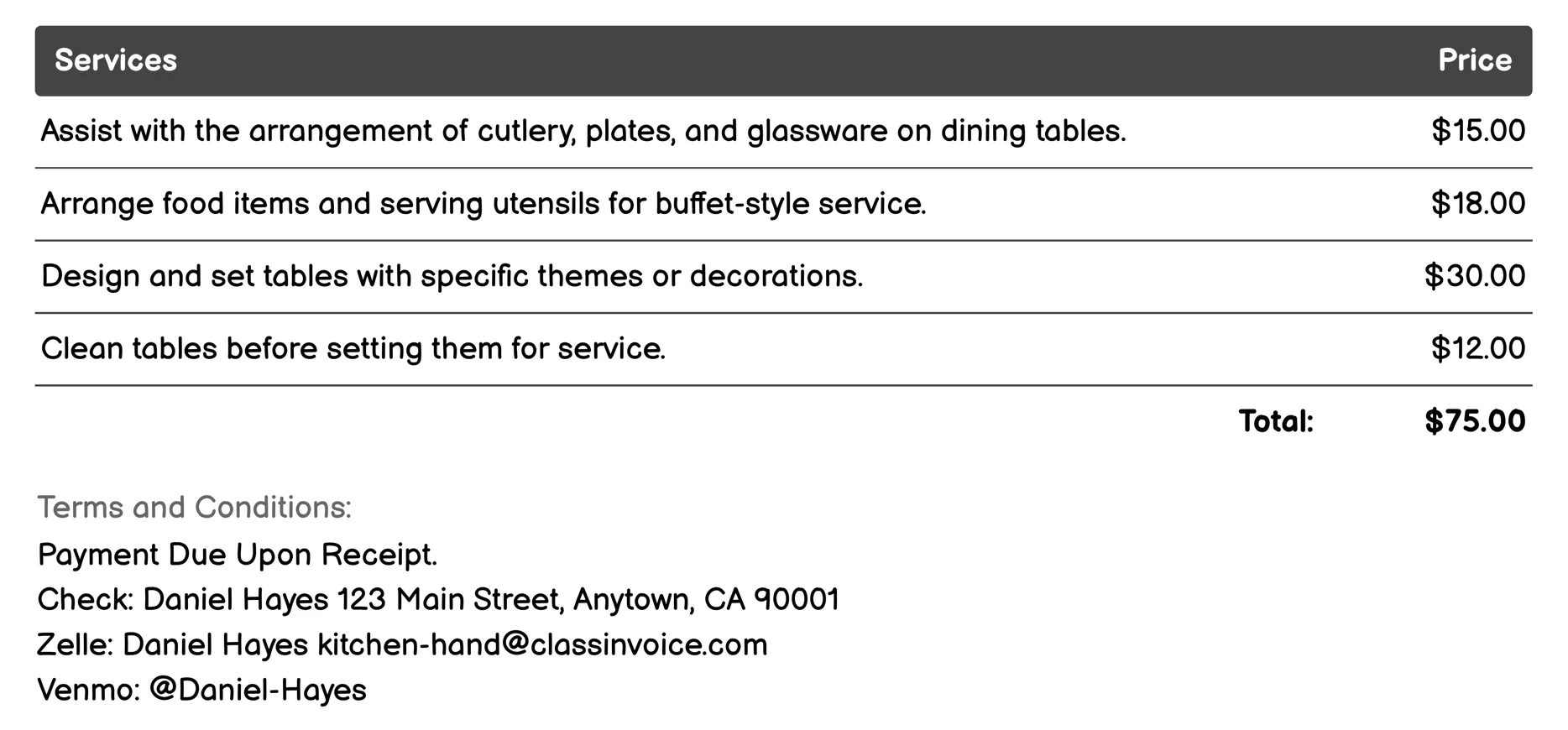 Table Setting Assistance Invoice Example