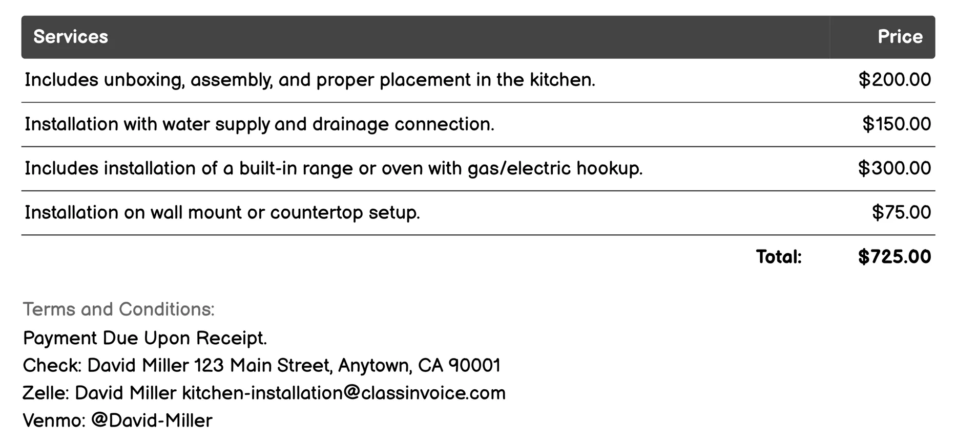 Appliance Installation Invoice Example