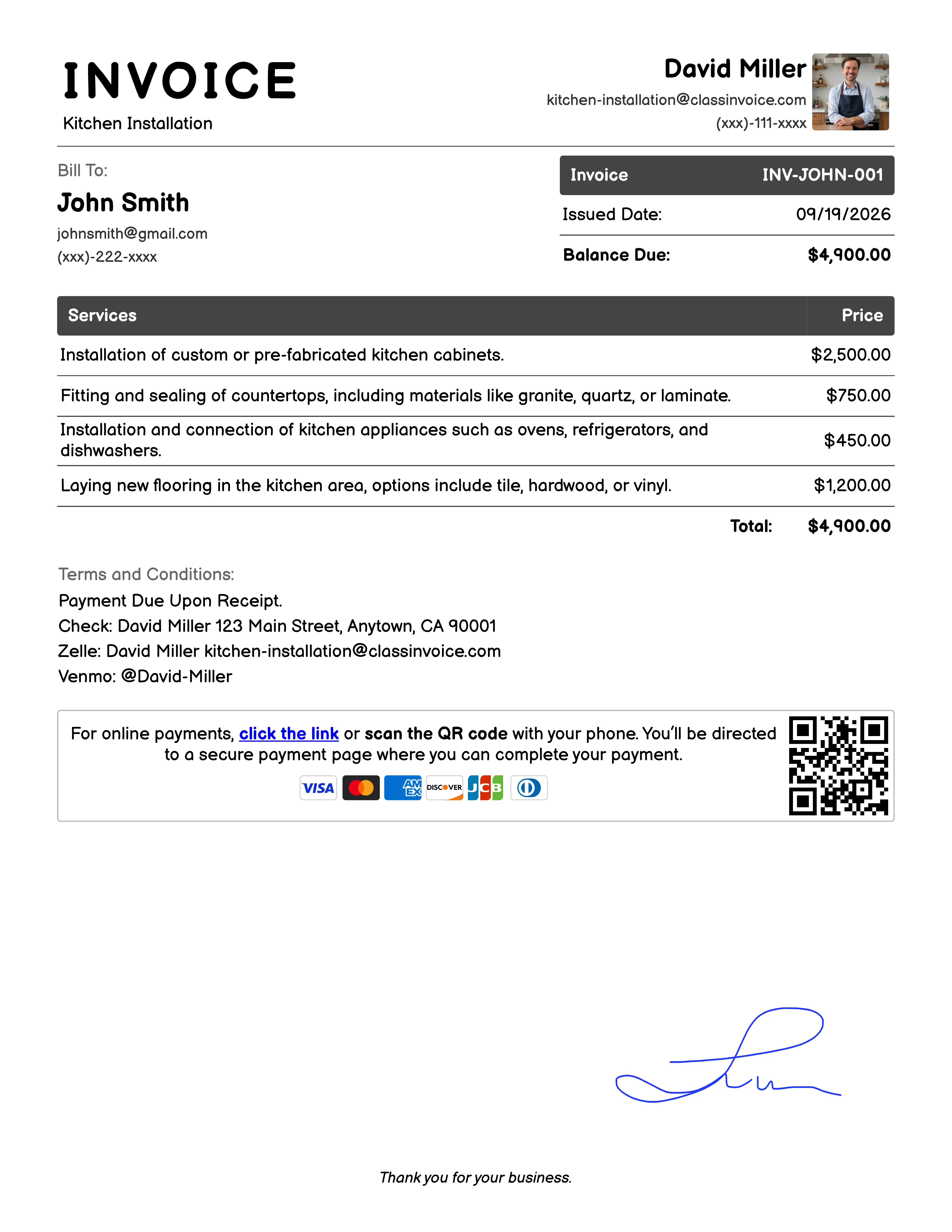 Kitchen Installation Invoice Example